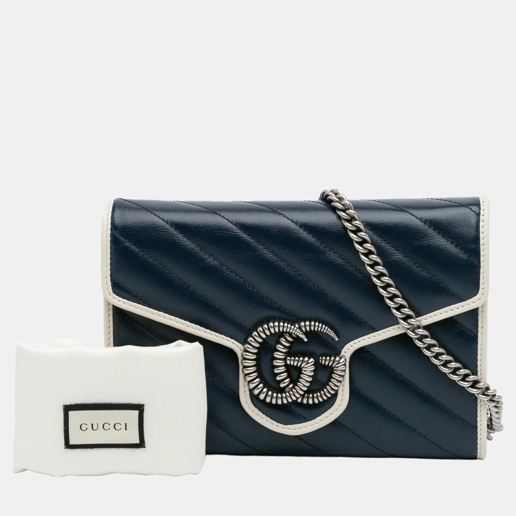 Gucci Blue Mini GG Marmont Wallet On Chain