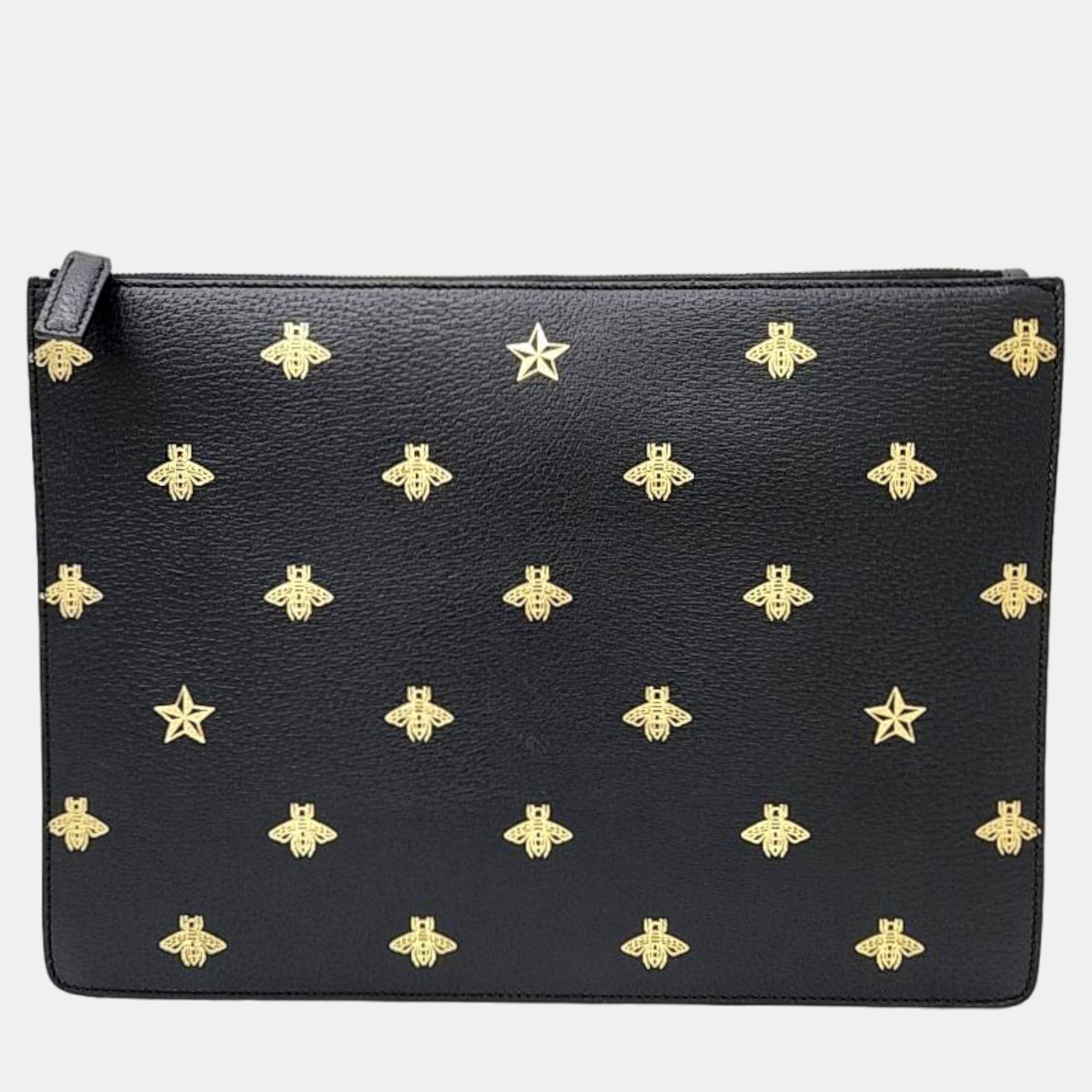 Gucci black leather bee crossbody bag