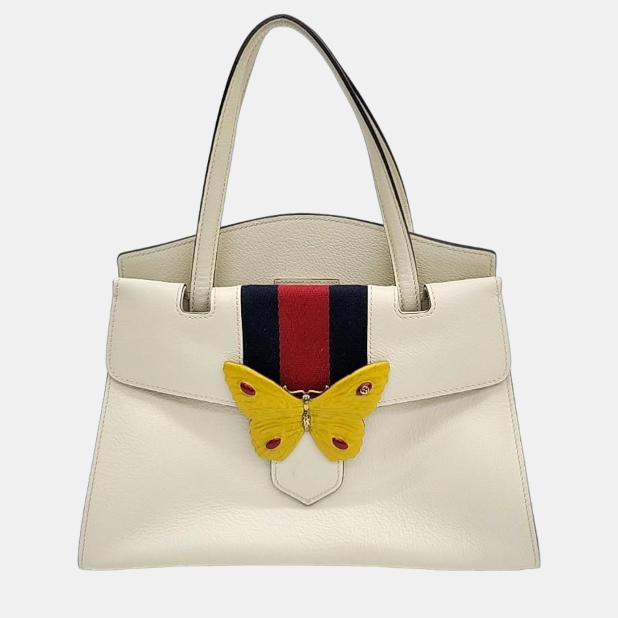Gucci ivory leather totem butterfly tote bag