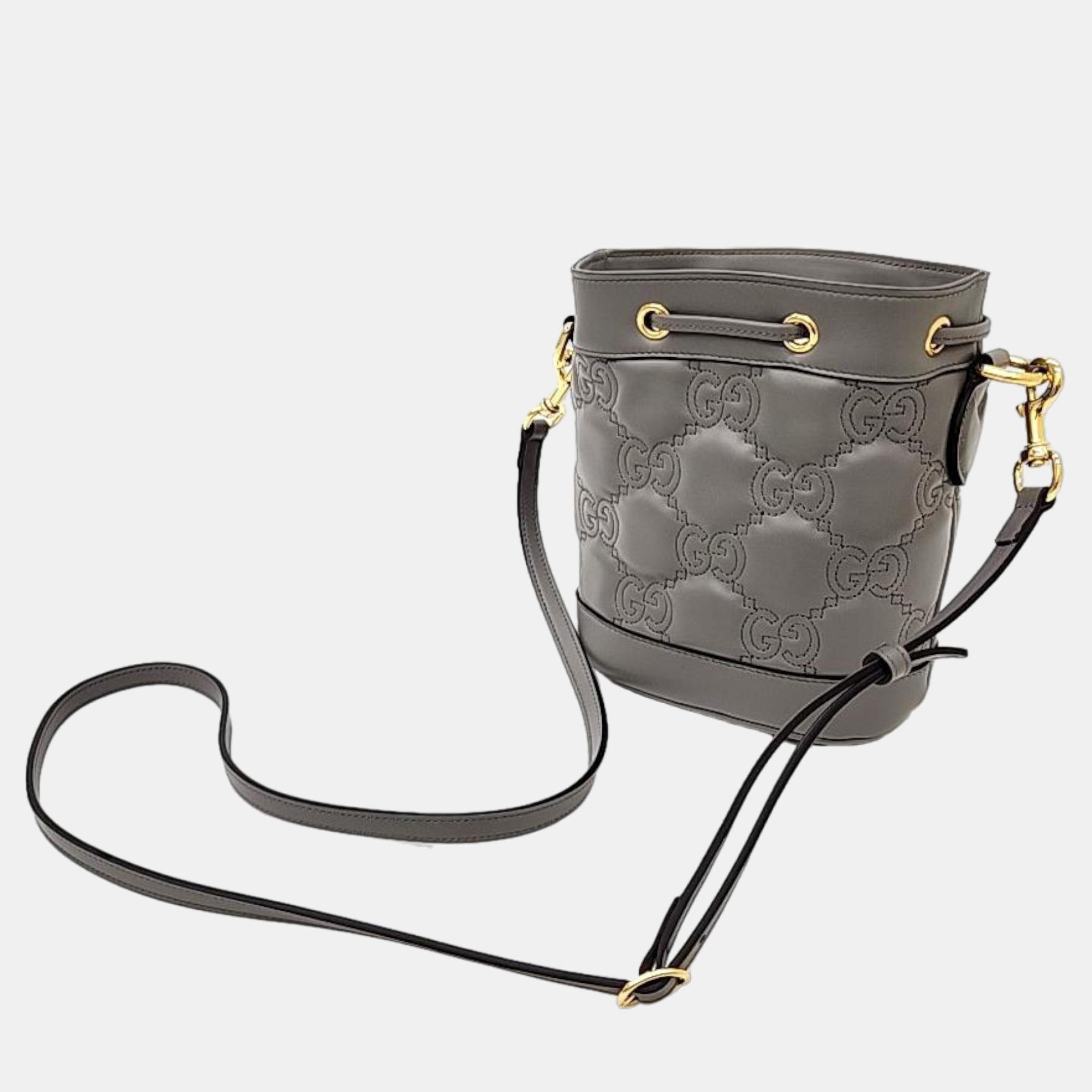 Gucci Grey Matelasse Leather GG Marmont Bucket Bag