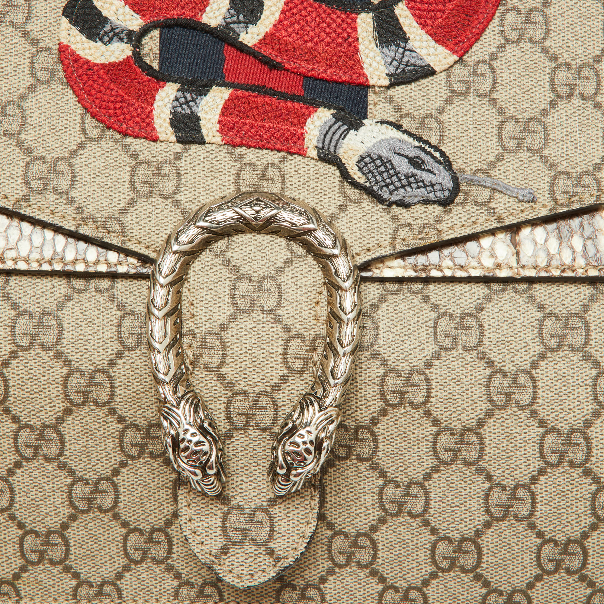 Gucci Beige GG Supreme Canvas And Python Medium Kingsnake Dionysus Shoulder Bag