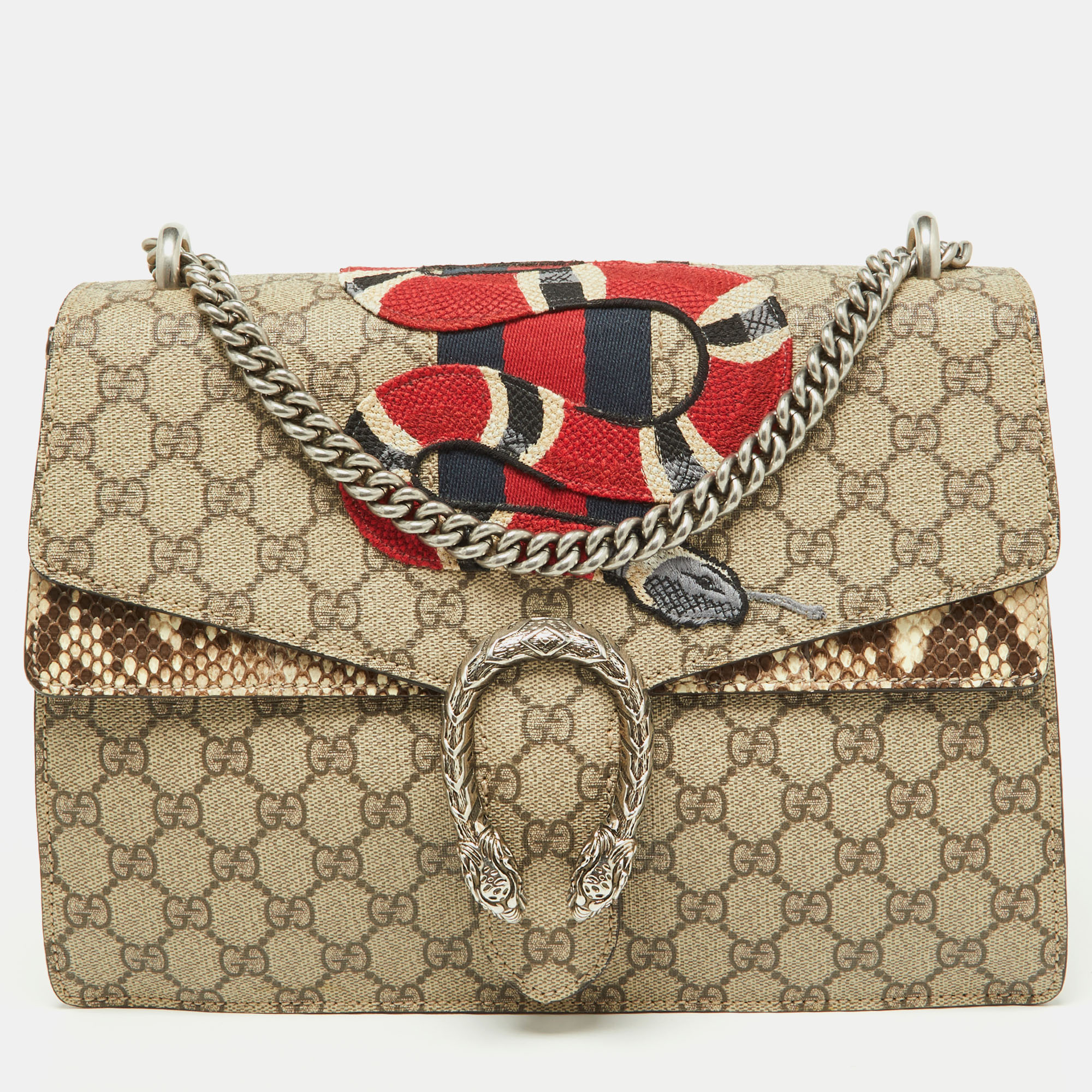 Gucci Beige GG Supreme Canvas And Python Medium Kingsnake Dionysus Shoulder Bag