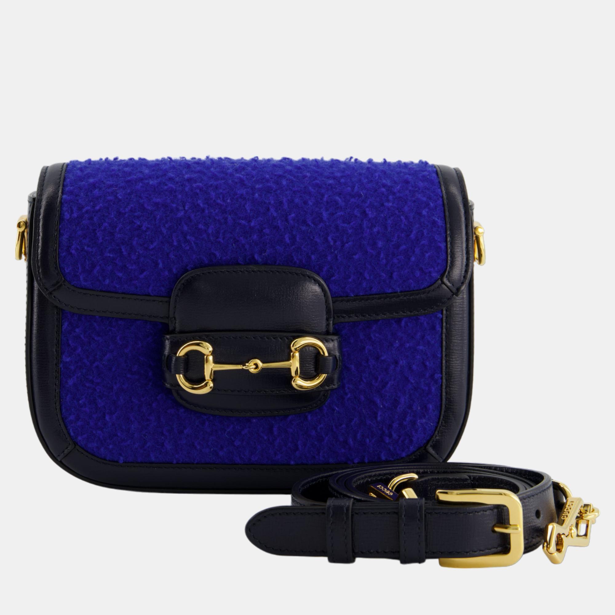 Gucci 1955 Horsebit Cross Body Bag With Blue Felt And Black Leather