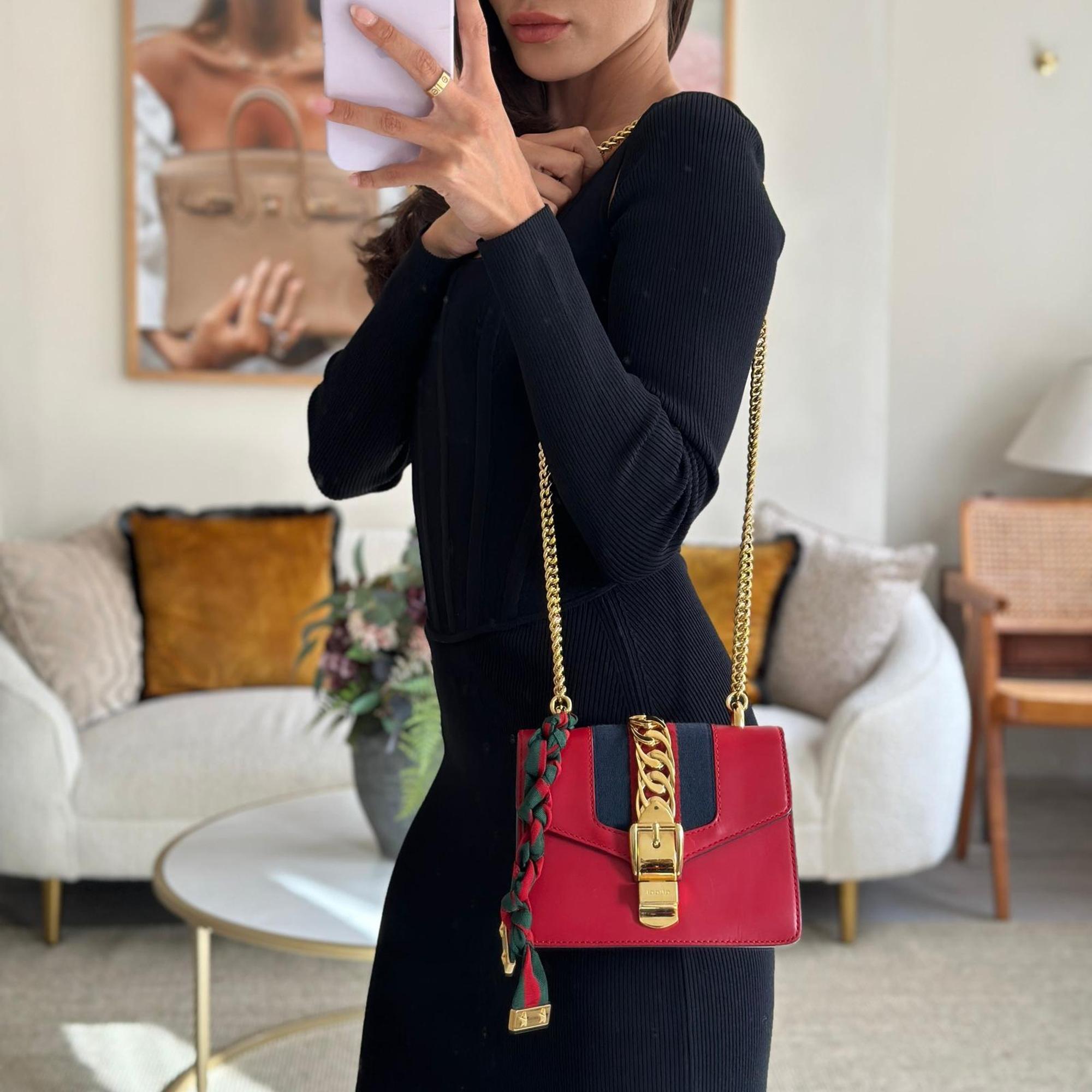 Gucci Red Leather Small Sylvie Bag Canvas With Gold Hardware