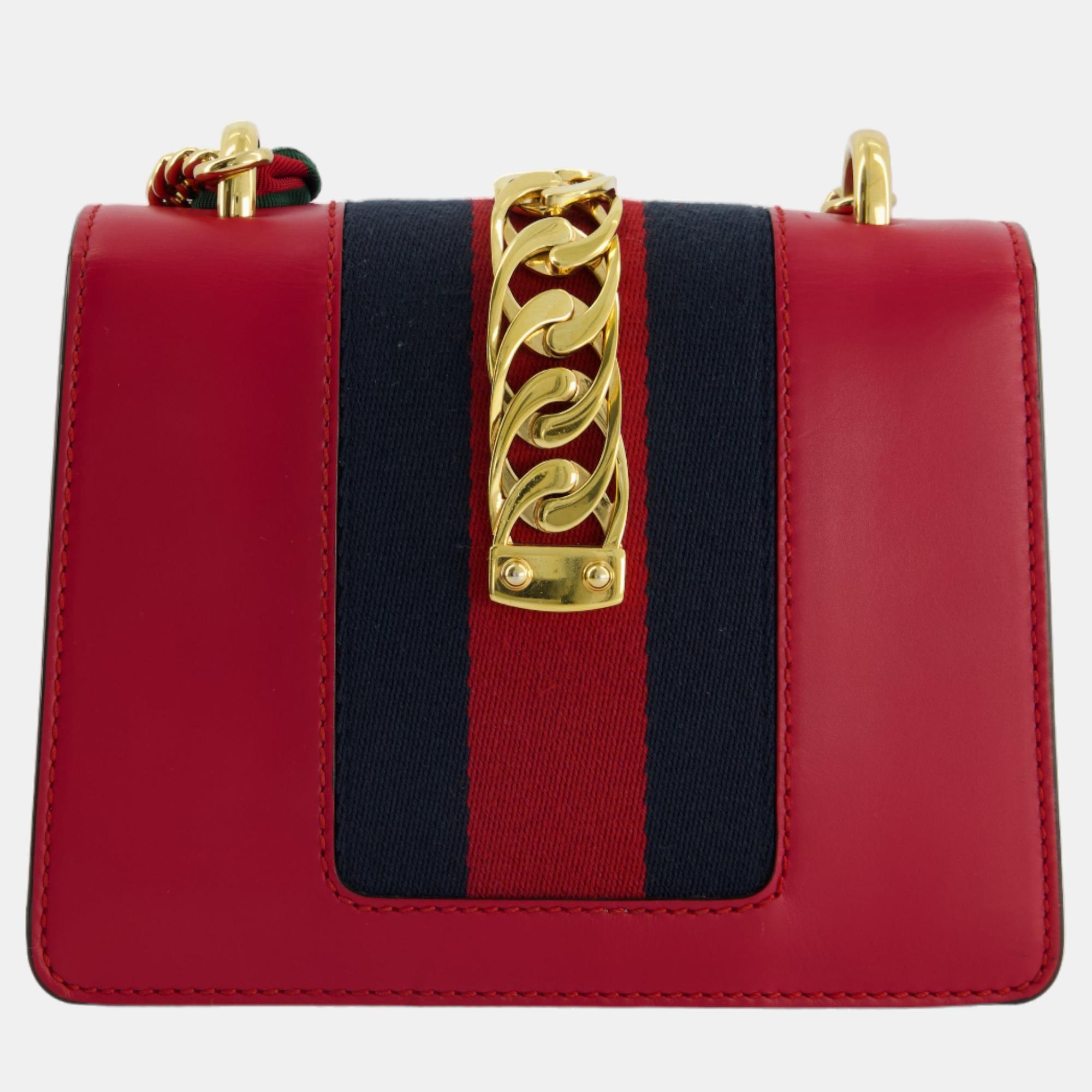 Gucci Red Leather Small Sylvie Bag Canvas With Gold Hardware