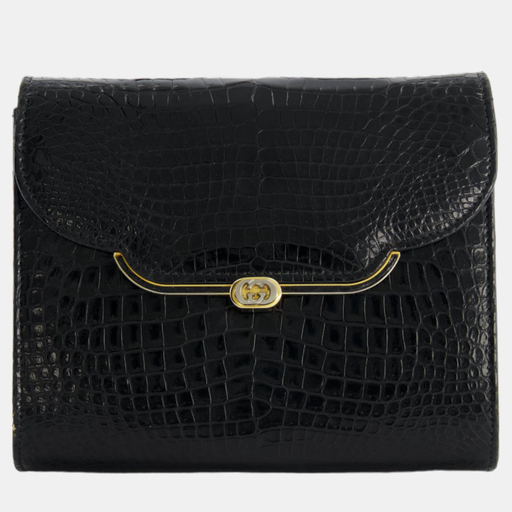 Gucci vintage black crocodile leather gg clutch bag