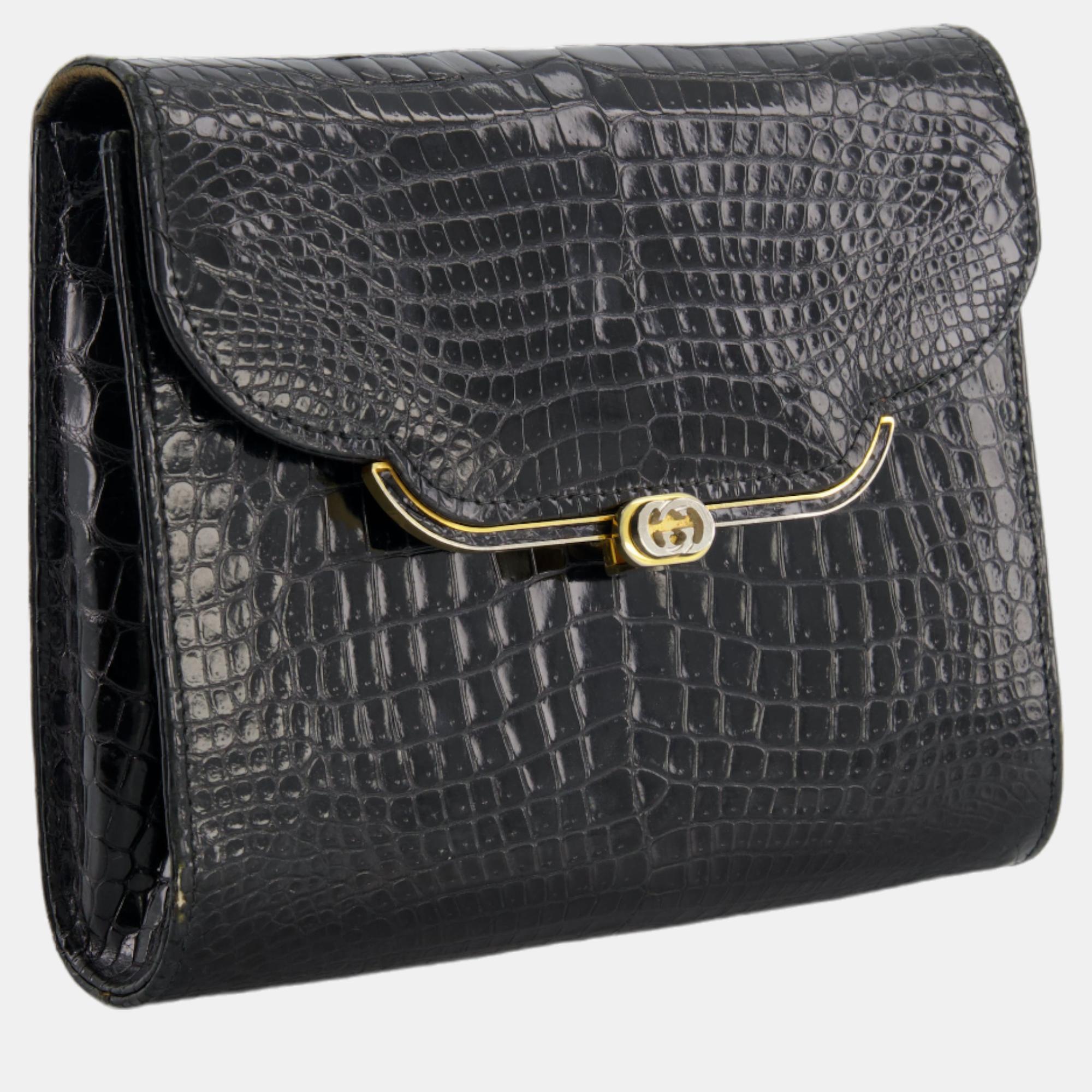 Gucci Vintage Black Crocodile Leather GG Clutch Bag