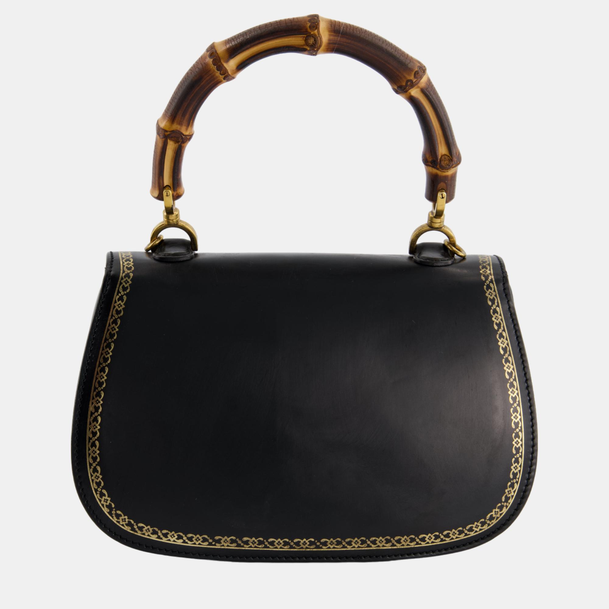 Gucci Fall/Winter 2017 Black With Gold Trim Print Bamboo Top Handle Bag