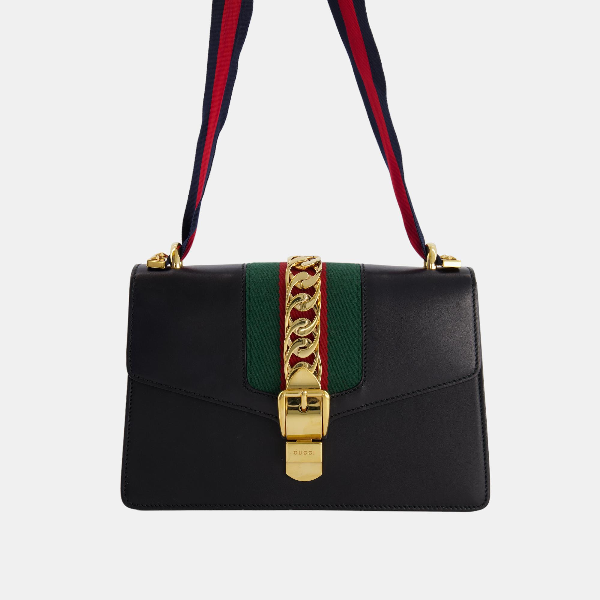 Gucci Black Leather Small Sylvie Bag Canvas With Gold Hardware And Canvas Strap