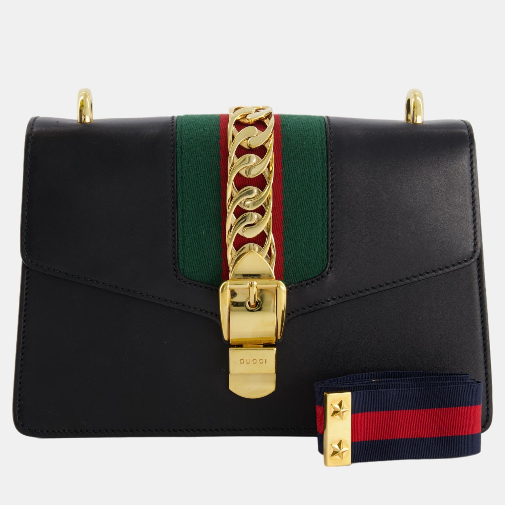 Gucci Black Leather Small Sylvie Bag Canvas With Gold Hardware And Canvas Strap
