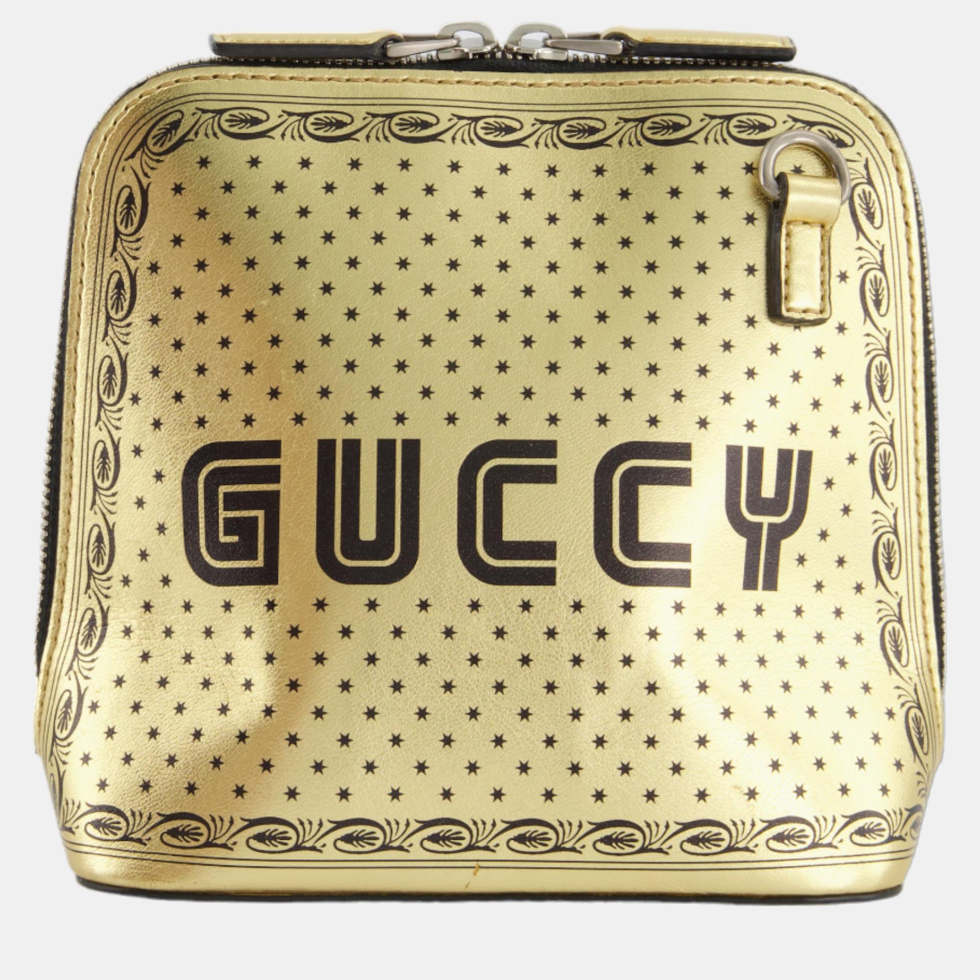 Gucci gold and black leather guccy mini dome sega bag