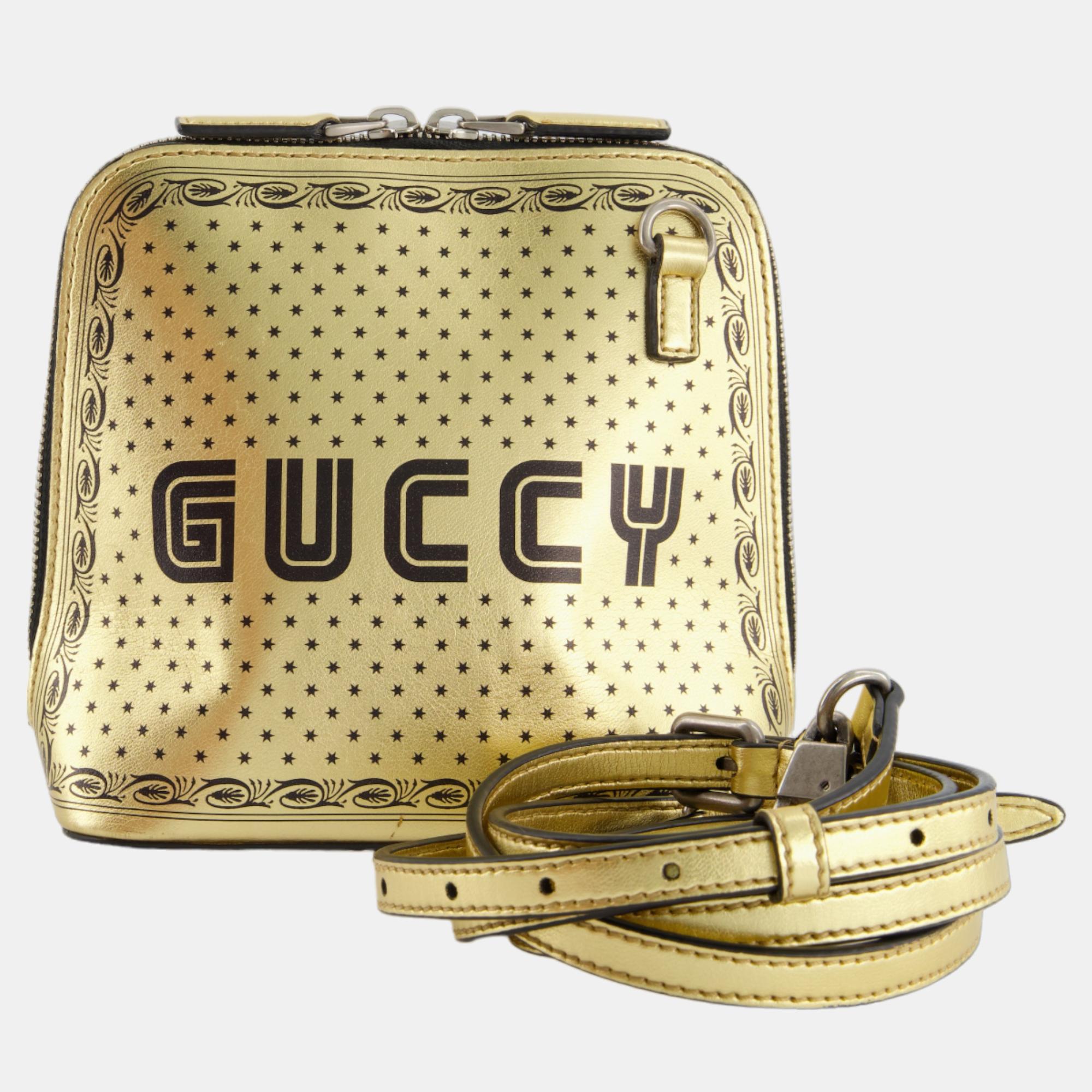 Gucci Gold And Black Leather Guccy Mini Dome Sega Bag