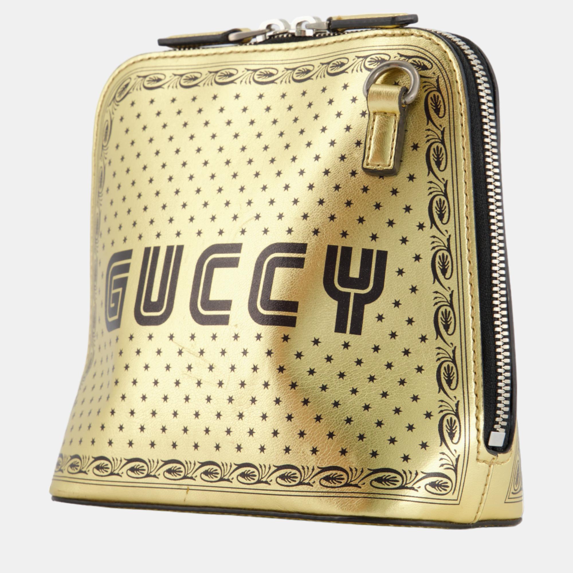 Gucci Gold And Black Leather Guccy Mini Dome Sega Bag