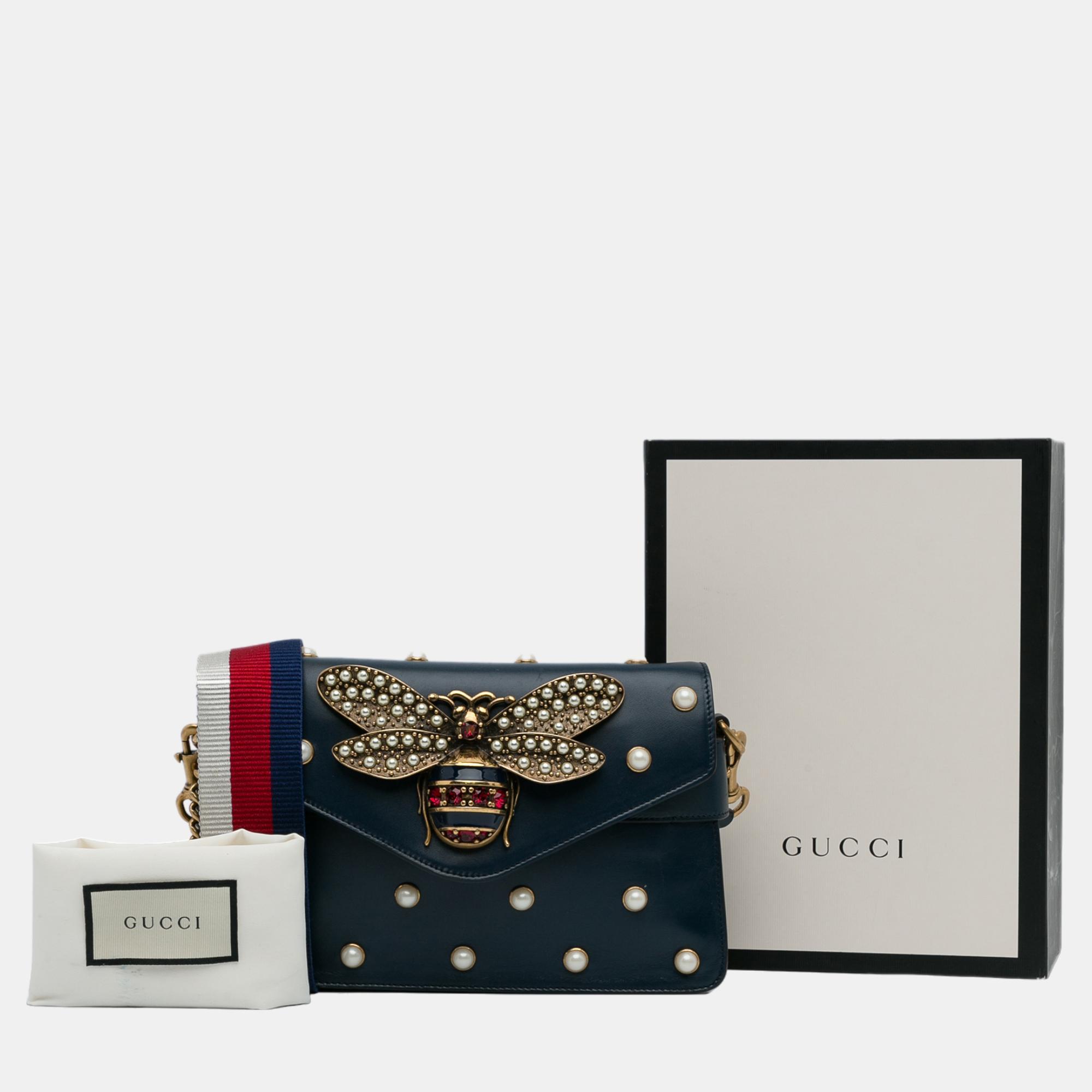 Gucci Navy Blue Mini Queen Margaret Broadway Leather Satchel