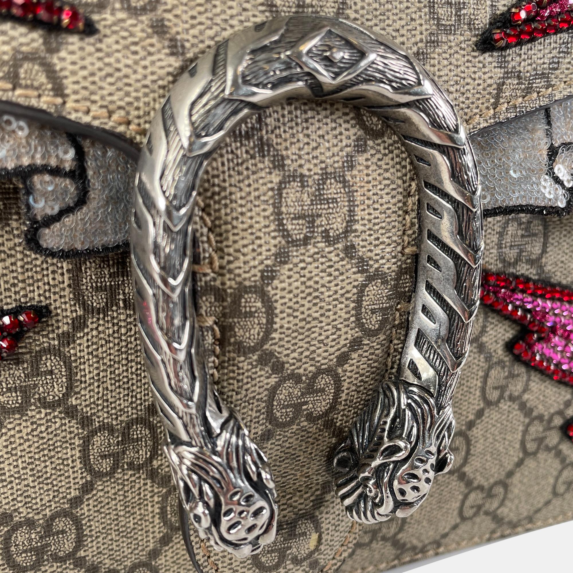 Gucci Beige/Brown Medium Embellished GG Supreme Dionysus Shoulder Bag