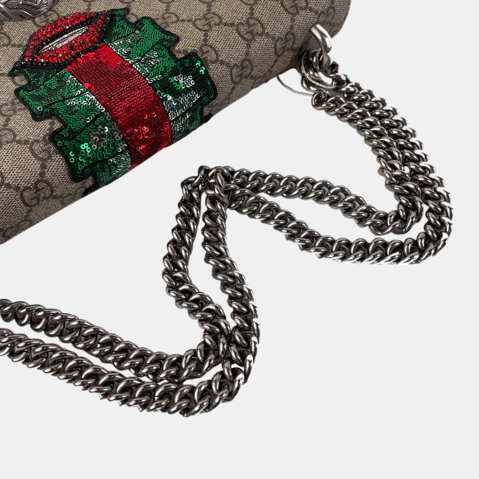 Gucci Beige/Brown Medium Embellished GG Supreme Dionysus Shoulder Bag