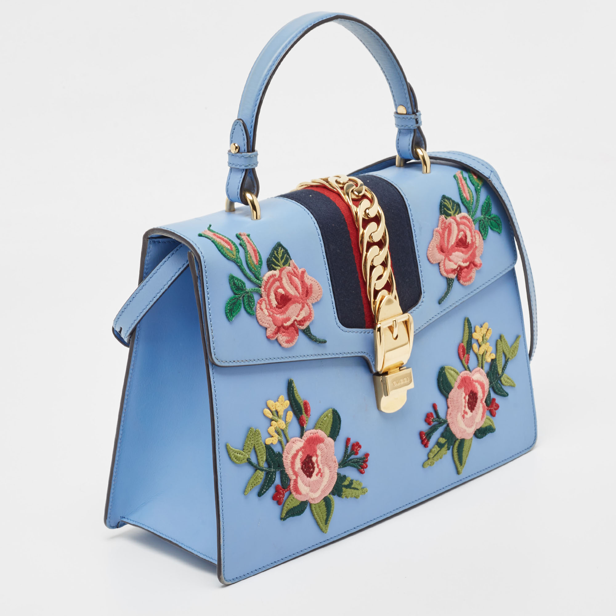 Gucci Blue Floral Embroidered Leather Medium Sylvie Top Handle Bag