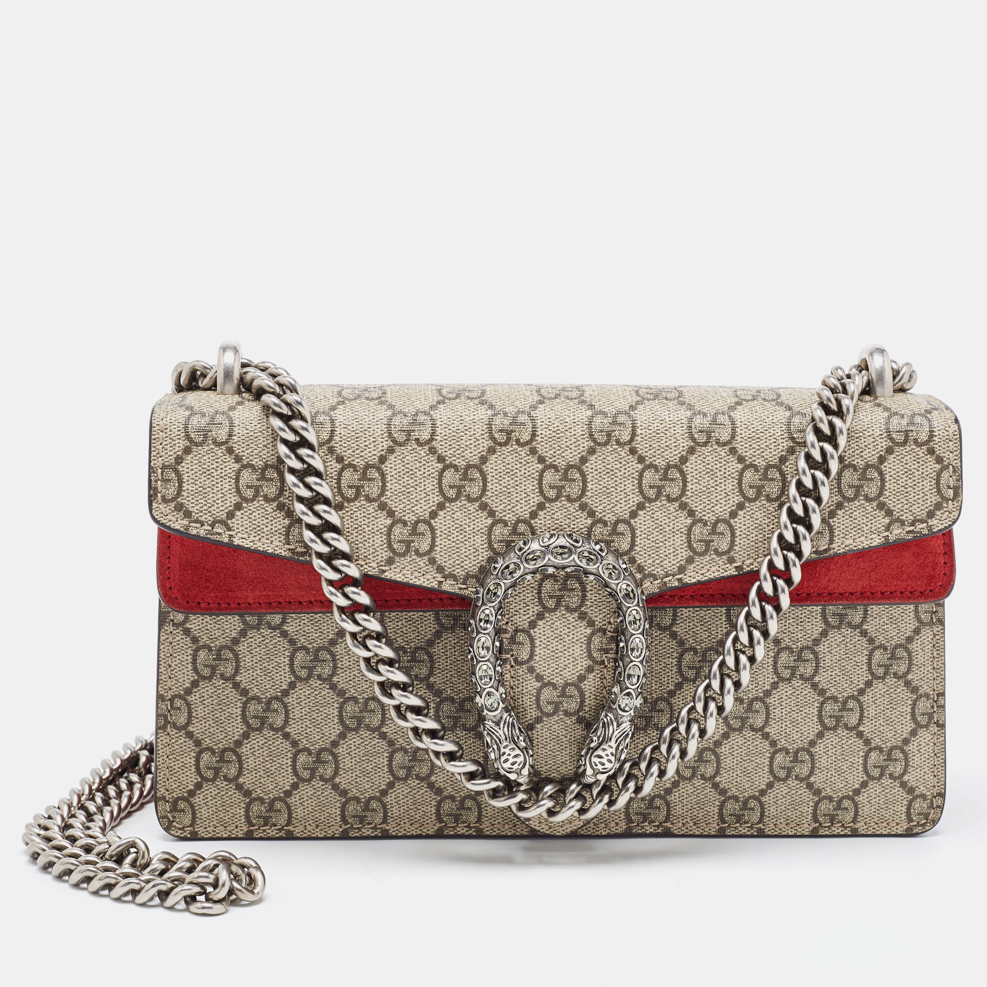 Gucci Beige/Red GG Supreme Canvas And Suede Small Rectangular Dionysus Shoulder Bag