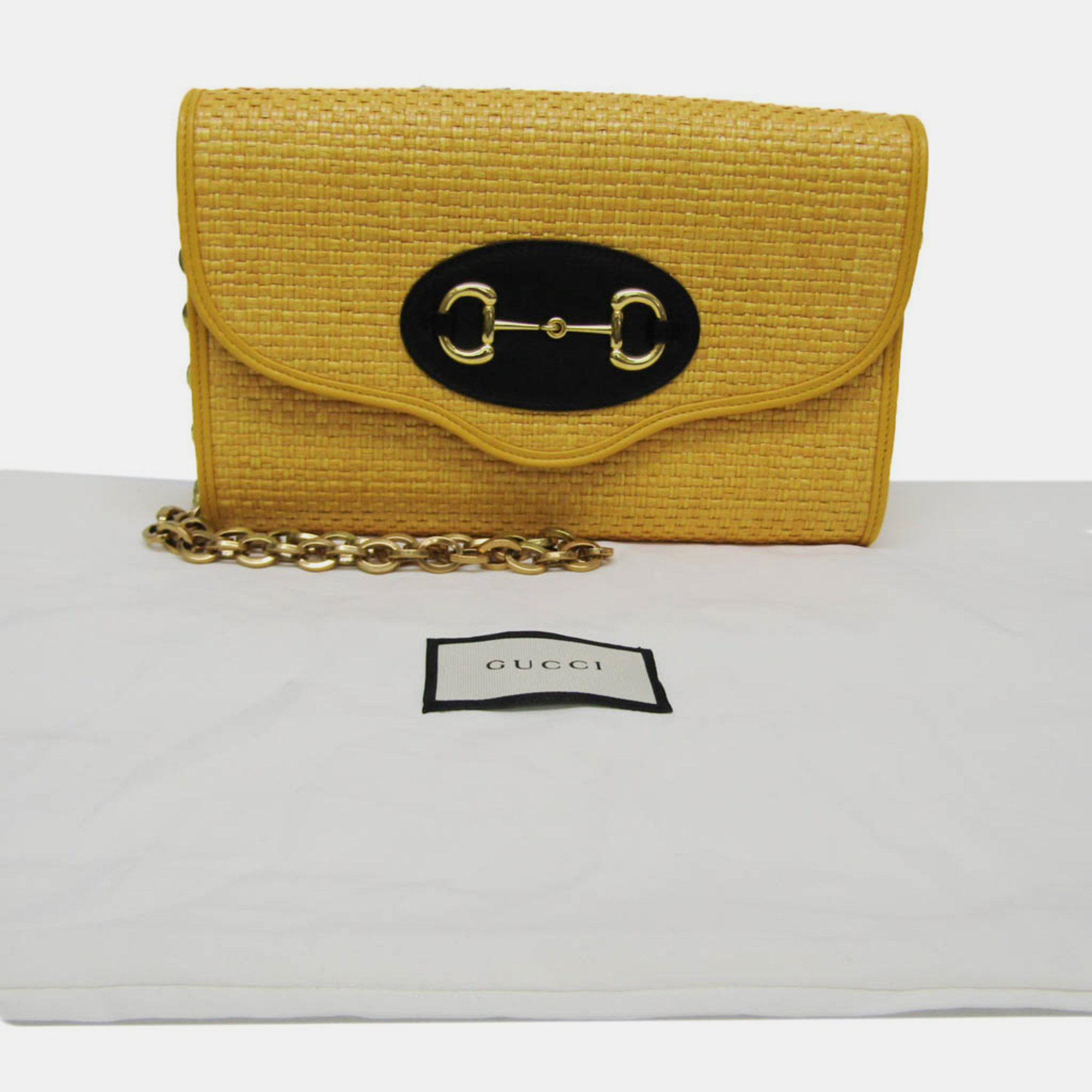 Gucci Yellow Raffia Small  Horsebit 1955 Curved Flap Shoulder Bag