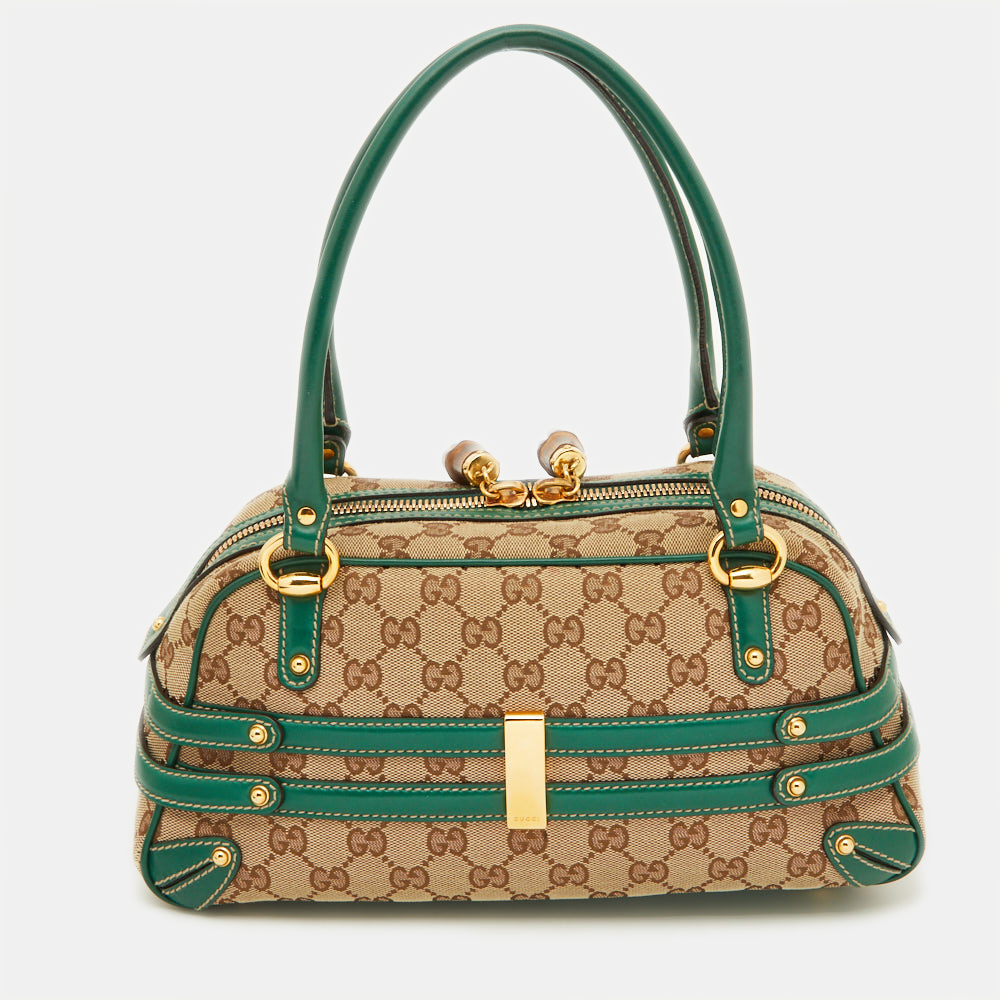 Gucci Beige/Green GG Canvas And Leather Wave Boston Bag