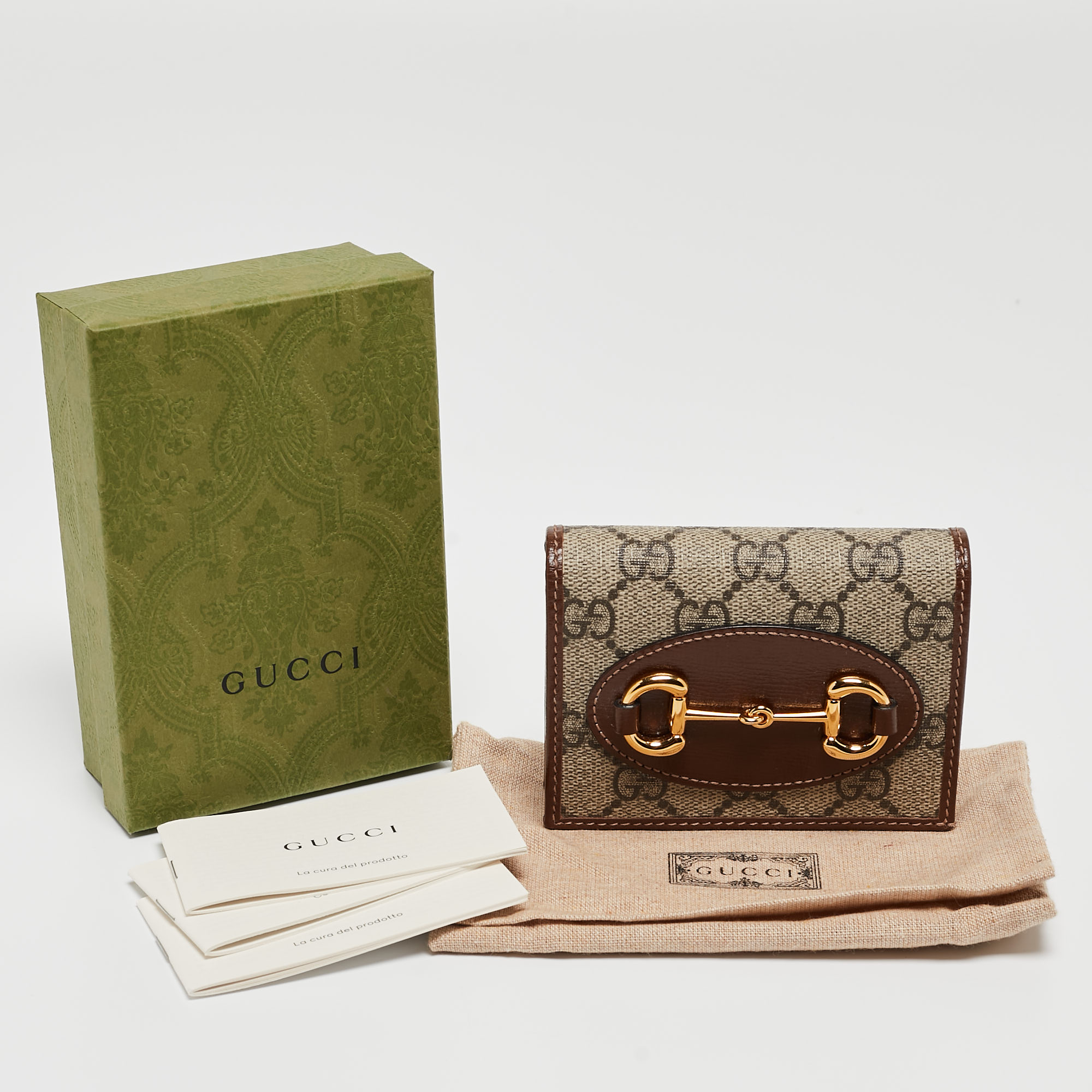 Gucci Brown/Beige GG Supreme Canvas And Leather Horsebit 1955 Flap Card Case