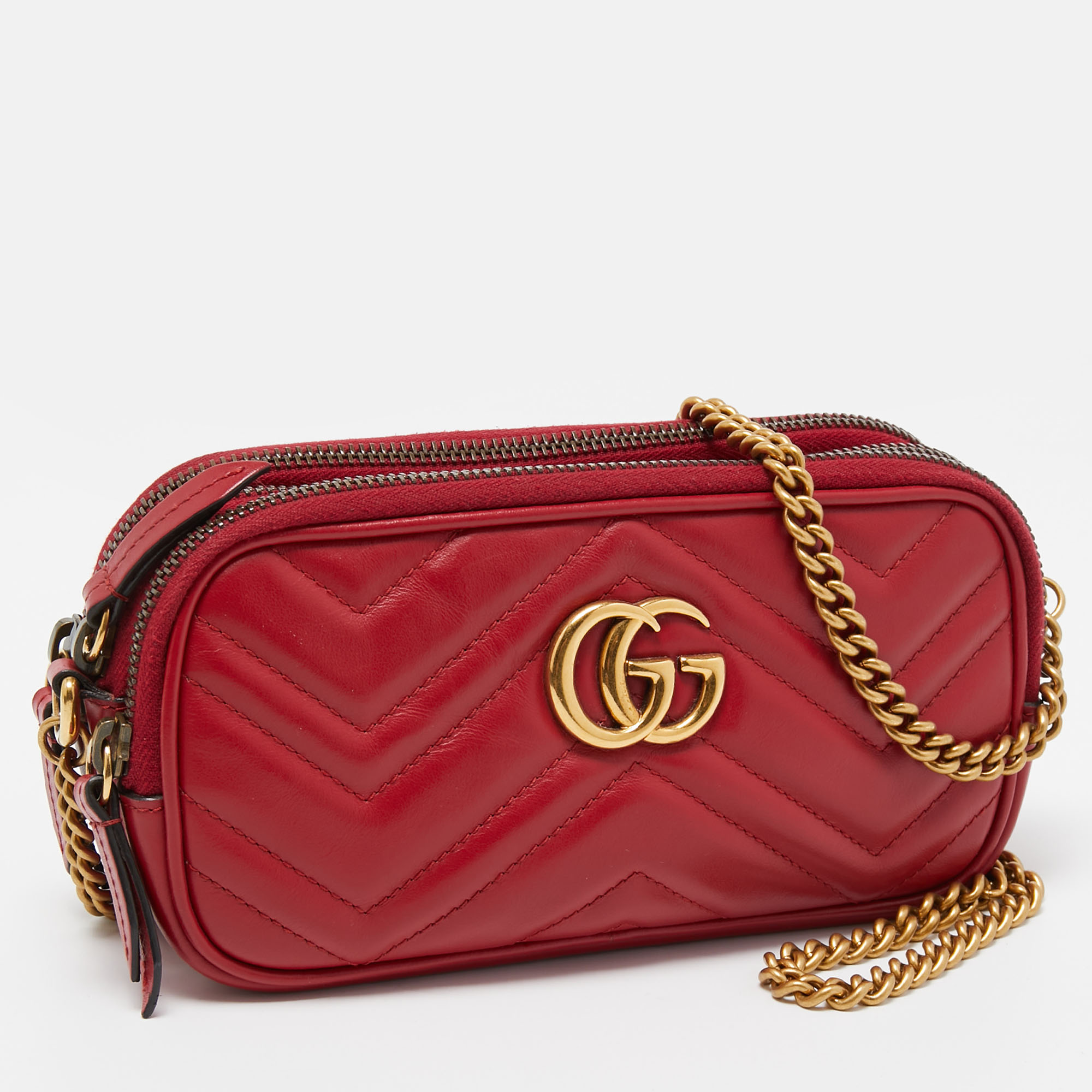 Gucci Red Matelassé Leather Mini GG Marmont Chain Crossbody Bag