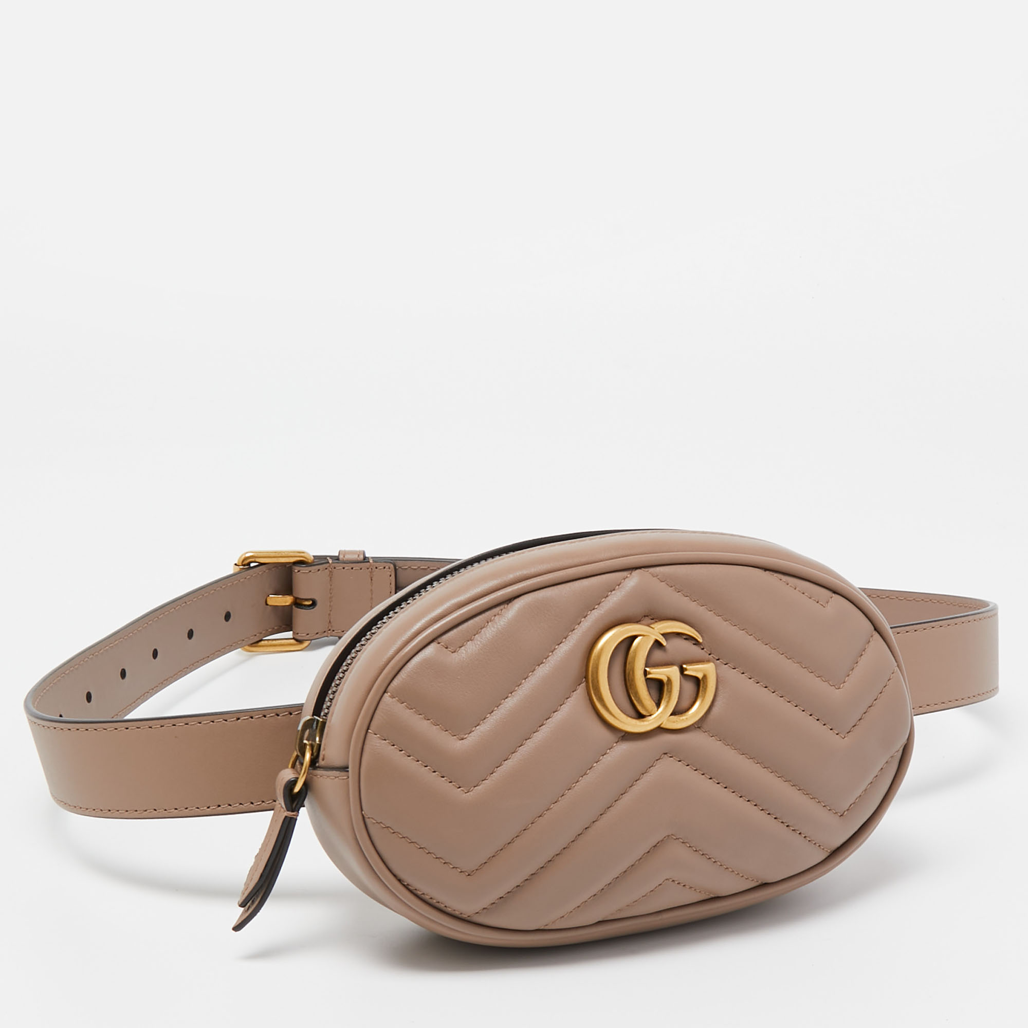Gucci Beige Matelassé Leather GG Marmont Belt Bag
