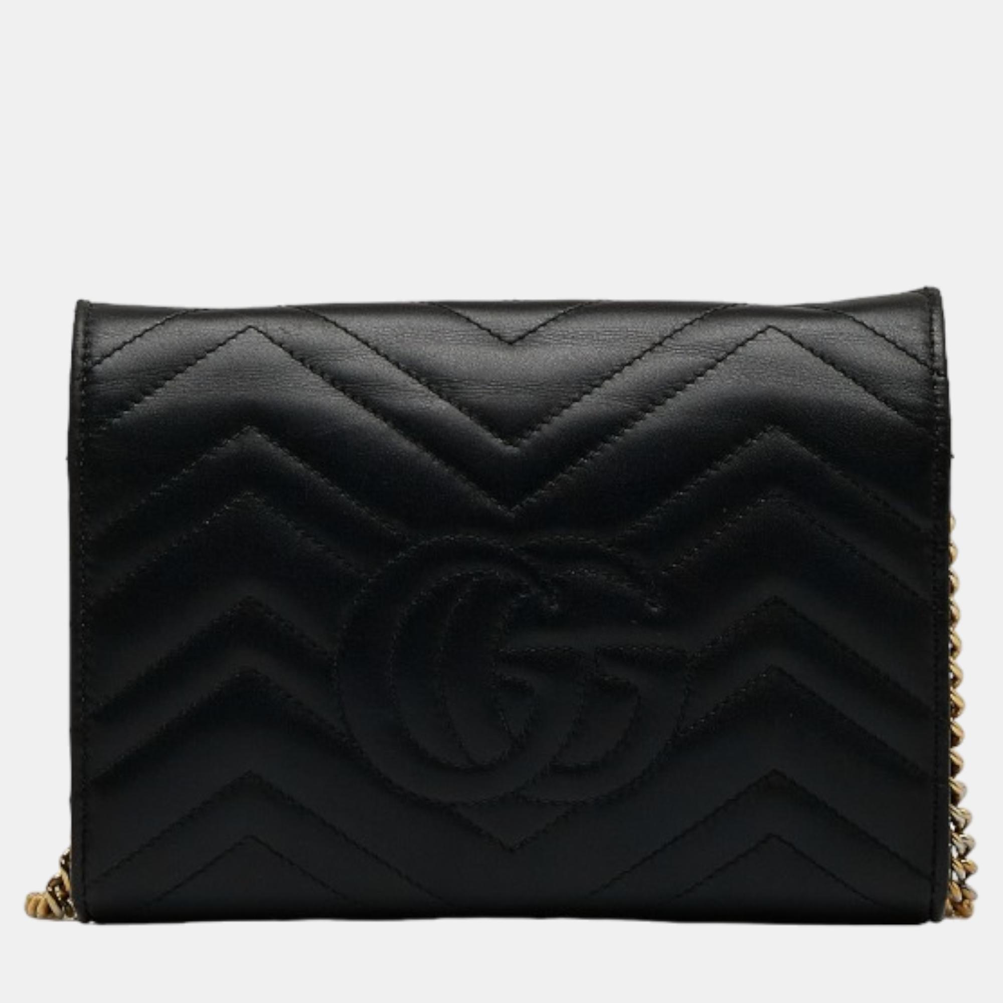 Gucci Black GG Marmont Leather Wallet On Chain