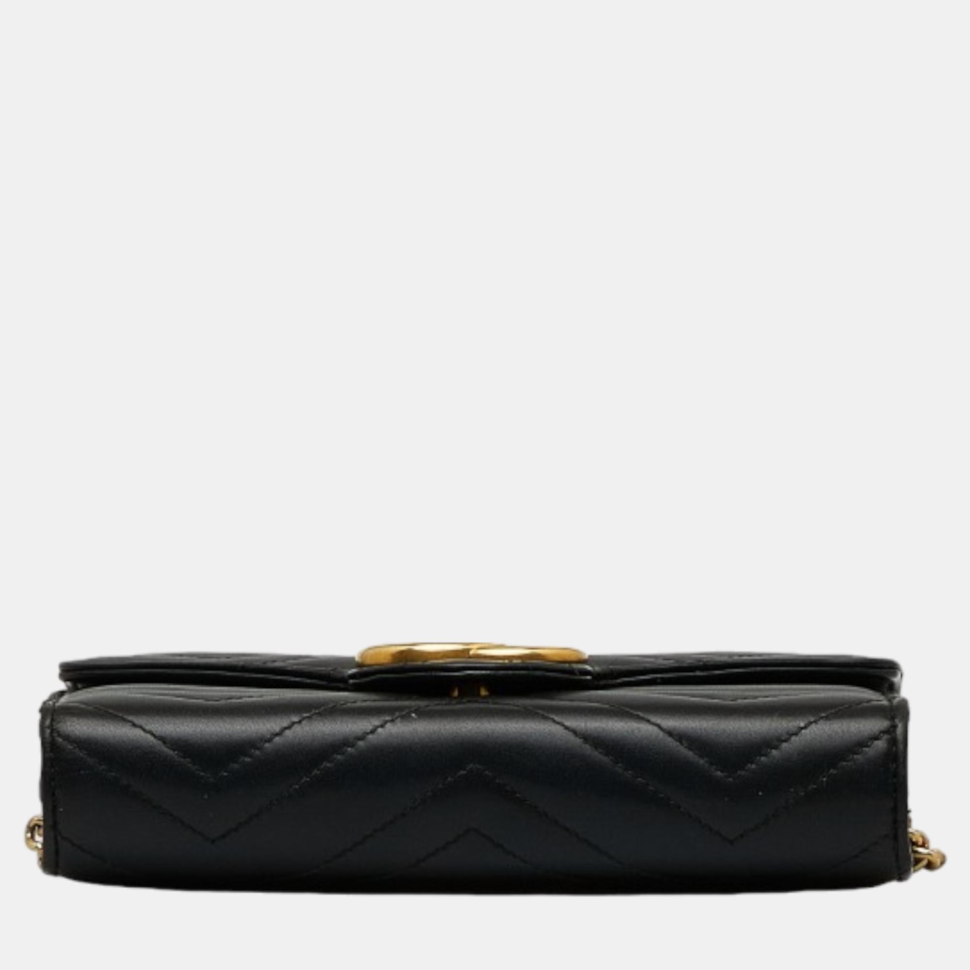 Gucci Black GG Marmont Leather Wallet On Chain