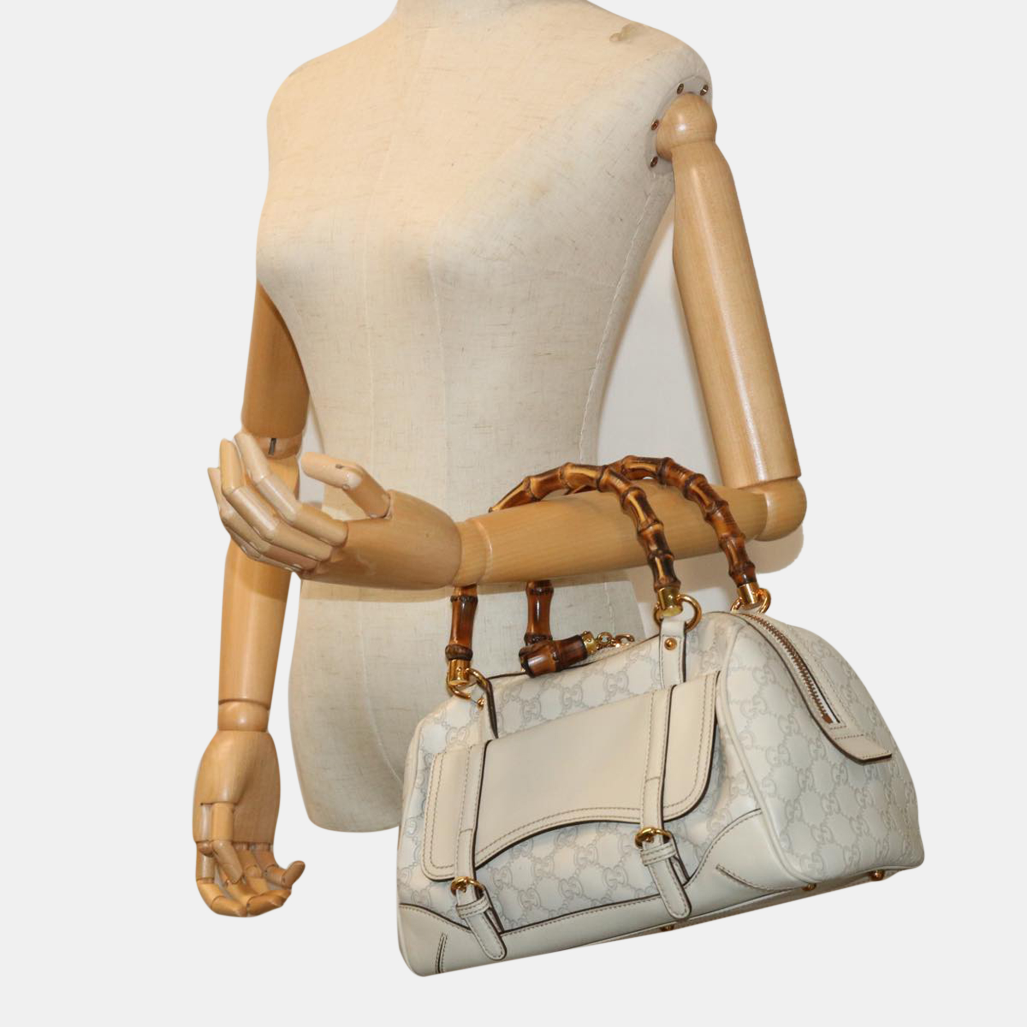 Gucci White Leather And GG Canvas Bamboo Top Handle Bag