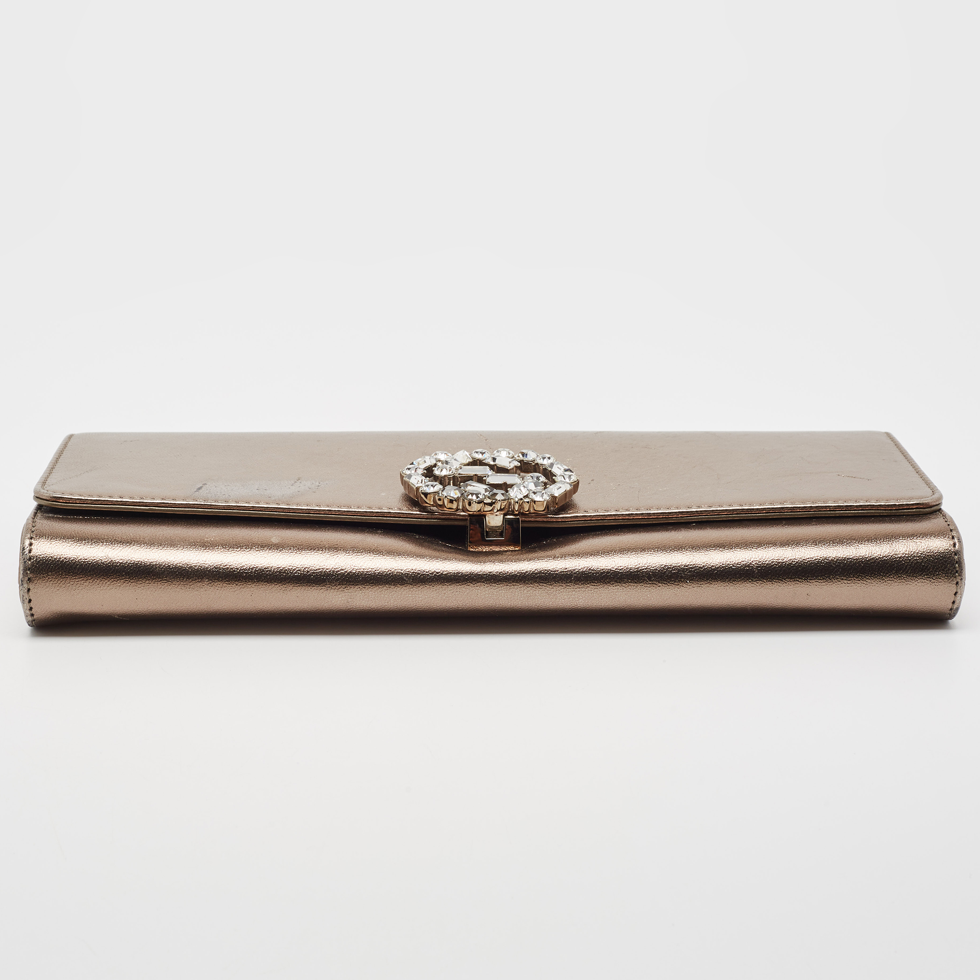 Gucci Metallic Leather GG Crystals Broadway Clutch
