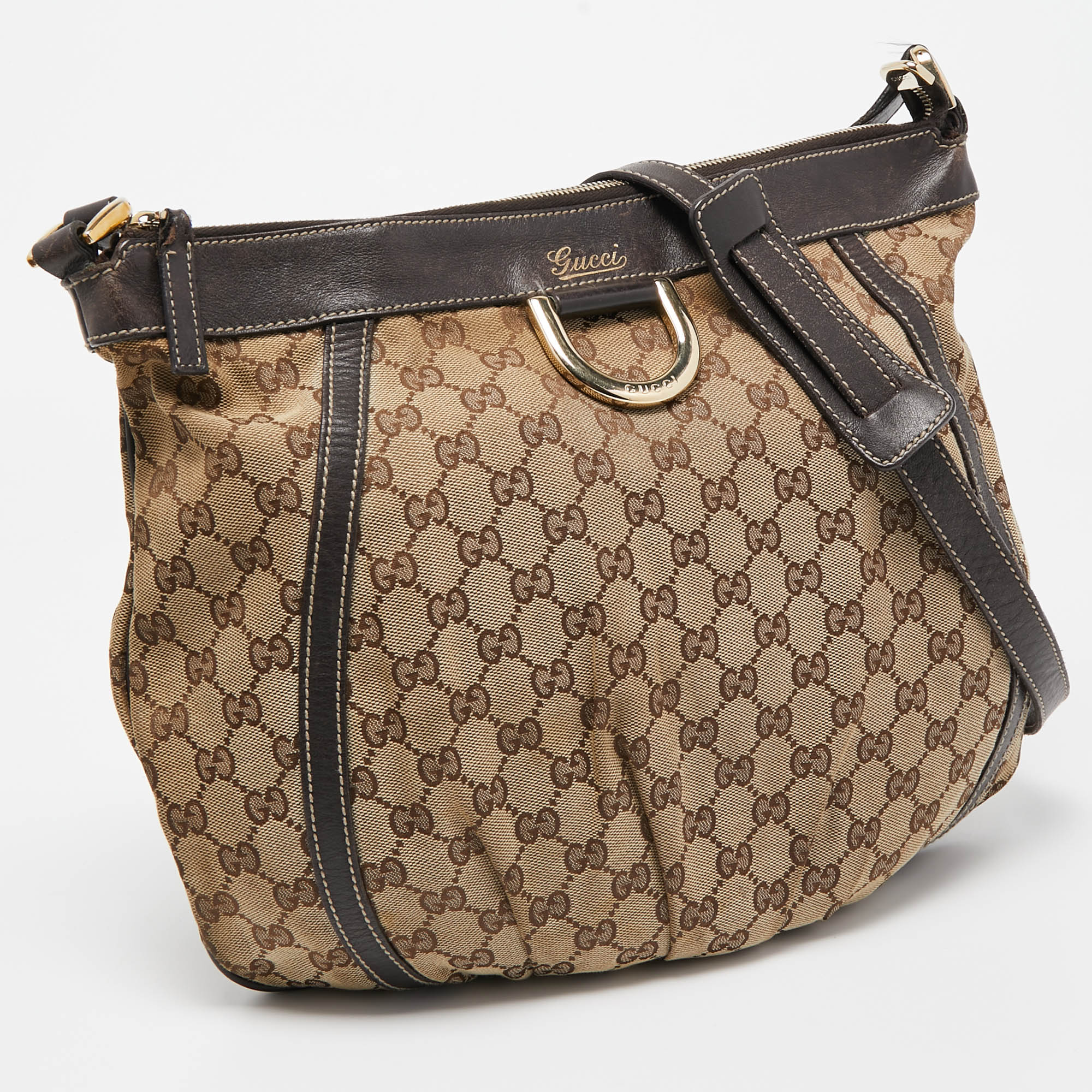 Gucci Beige/Brown GG Canvas And Leather D Ring Hobo
