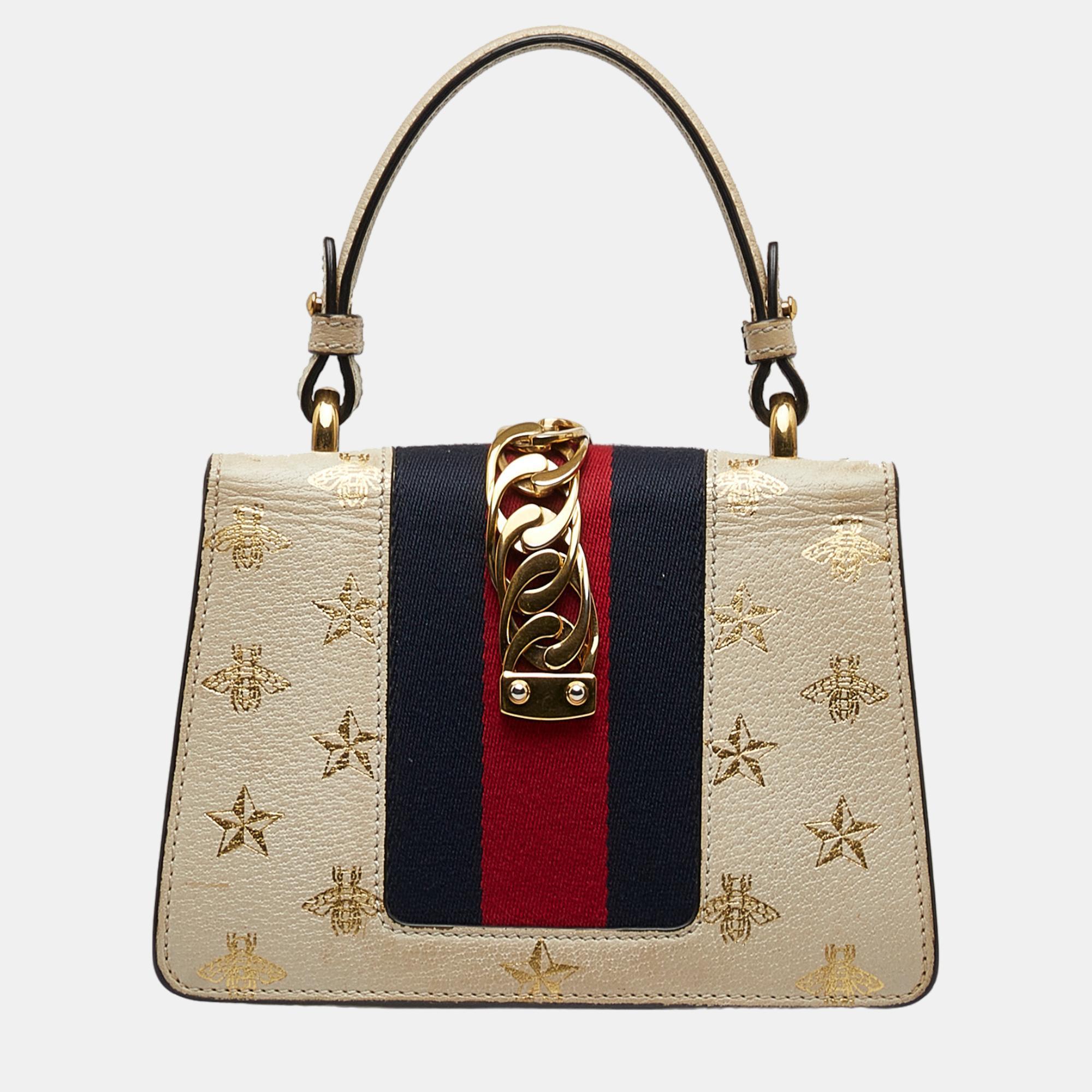 Gucci White Mini Sylvie Bee Star Top Handle Bag