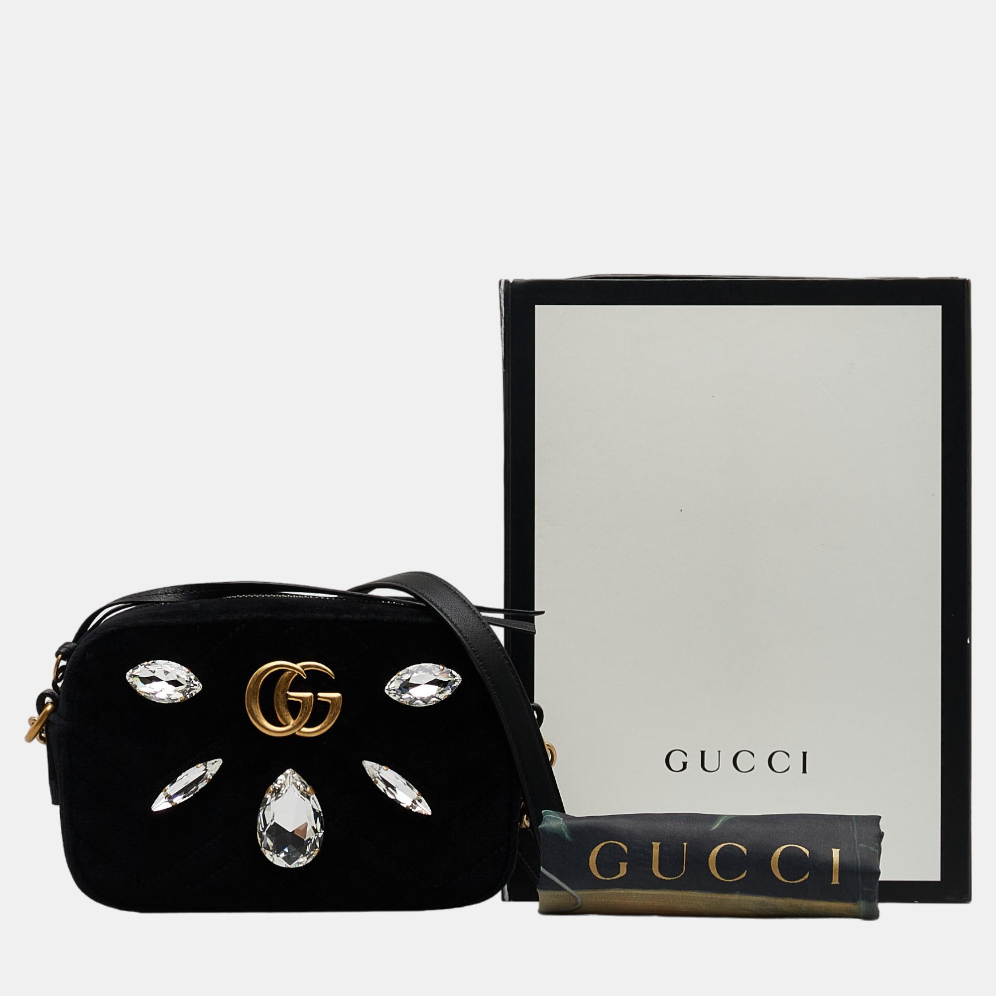 Gucci Black Mini GG Marmont Crystal Embellished Velvet Crossbody