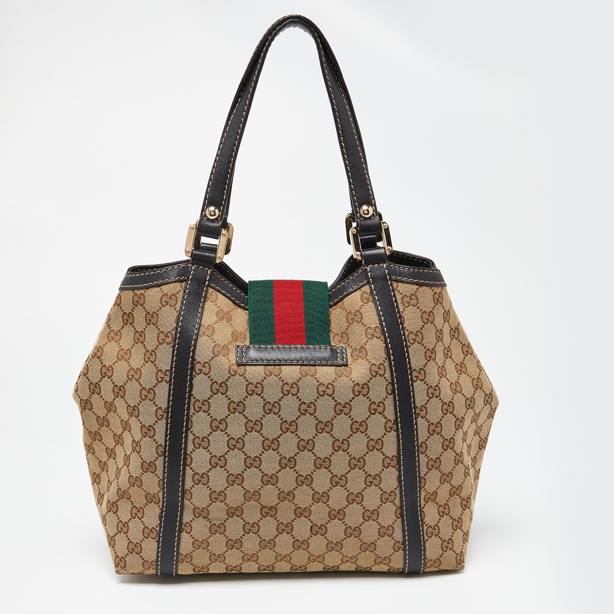 Gucci Beige/Black GG Canvas And Leather Medium New Ladies Web Tote