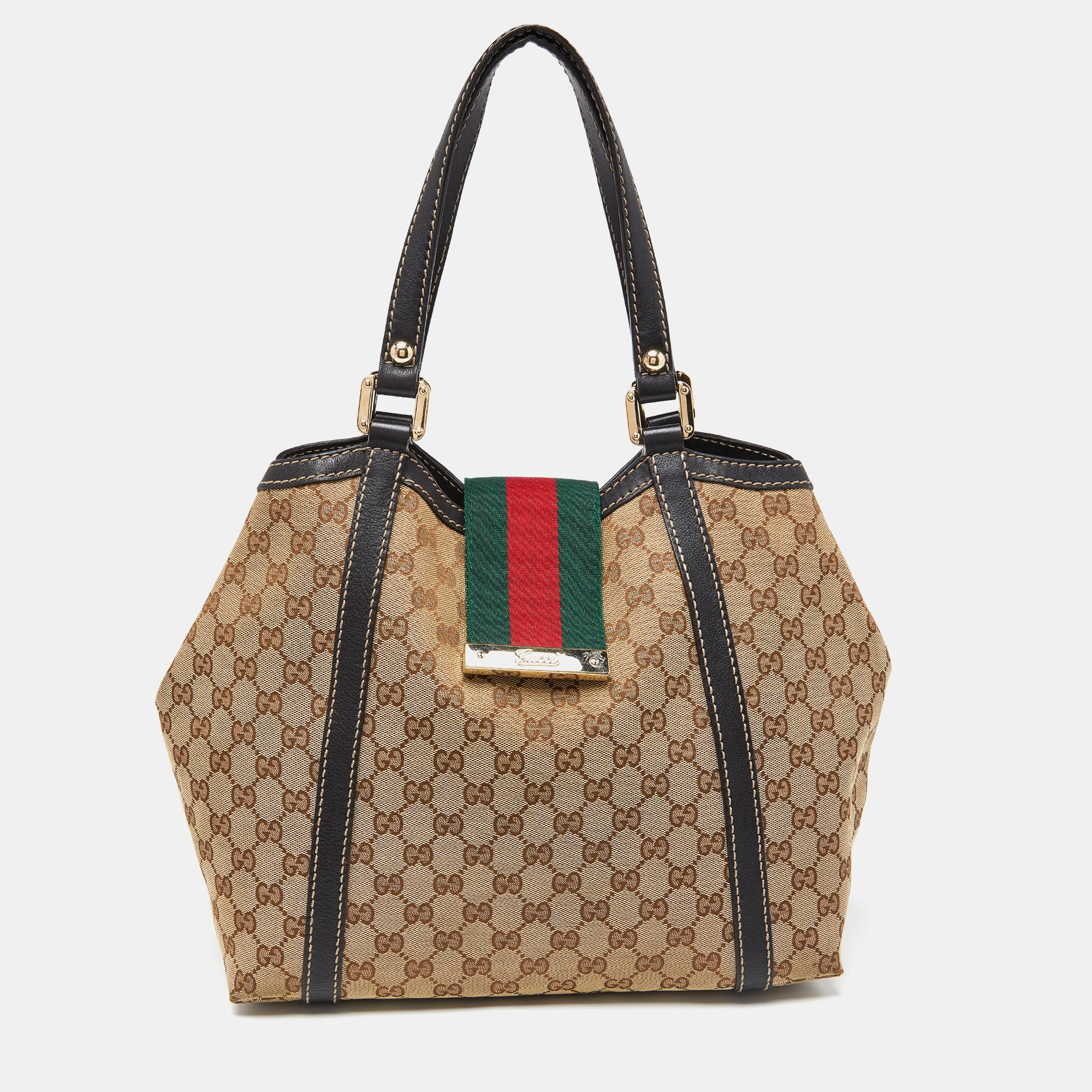 Gucci Beige/Black GG Canvas And Leather Medium New Ladies Web Tote