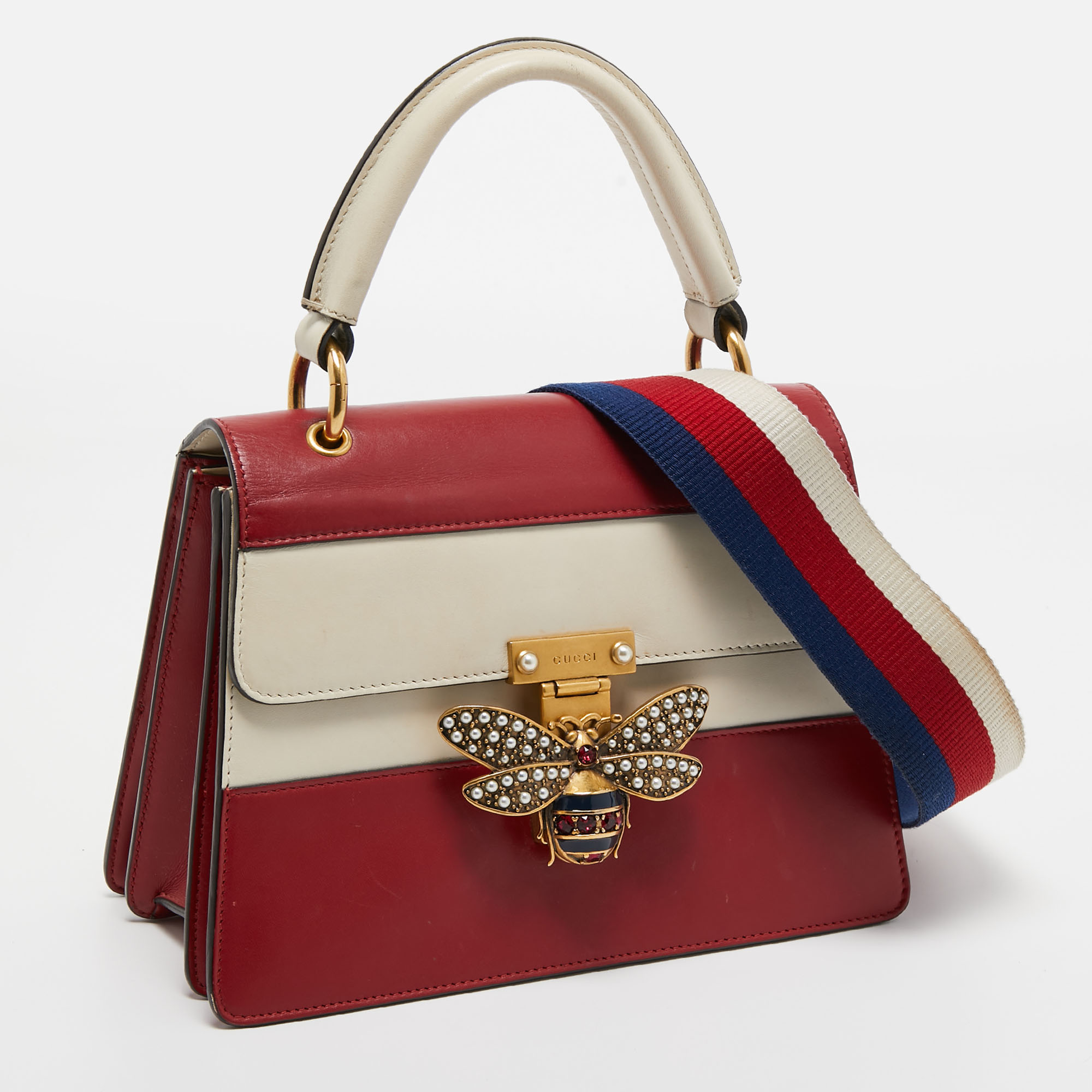 Gucci Red/Off White Leather Small Queen Margaret Top Handle Bag