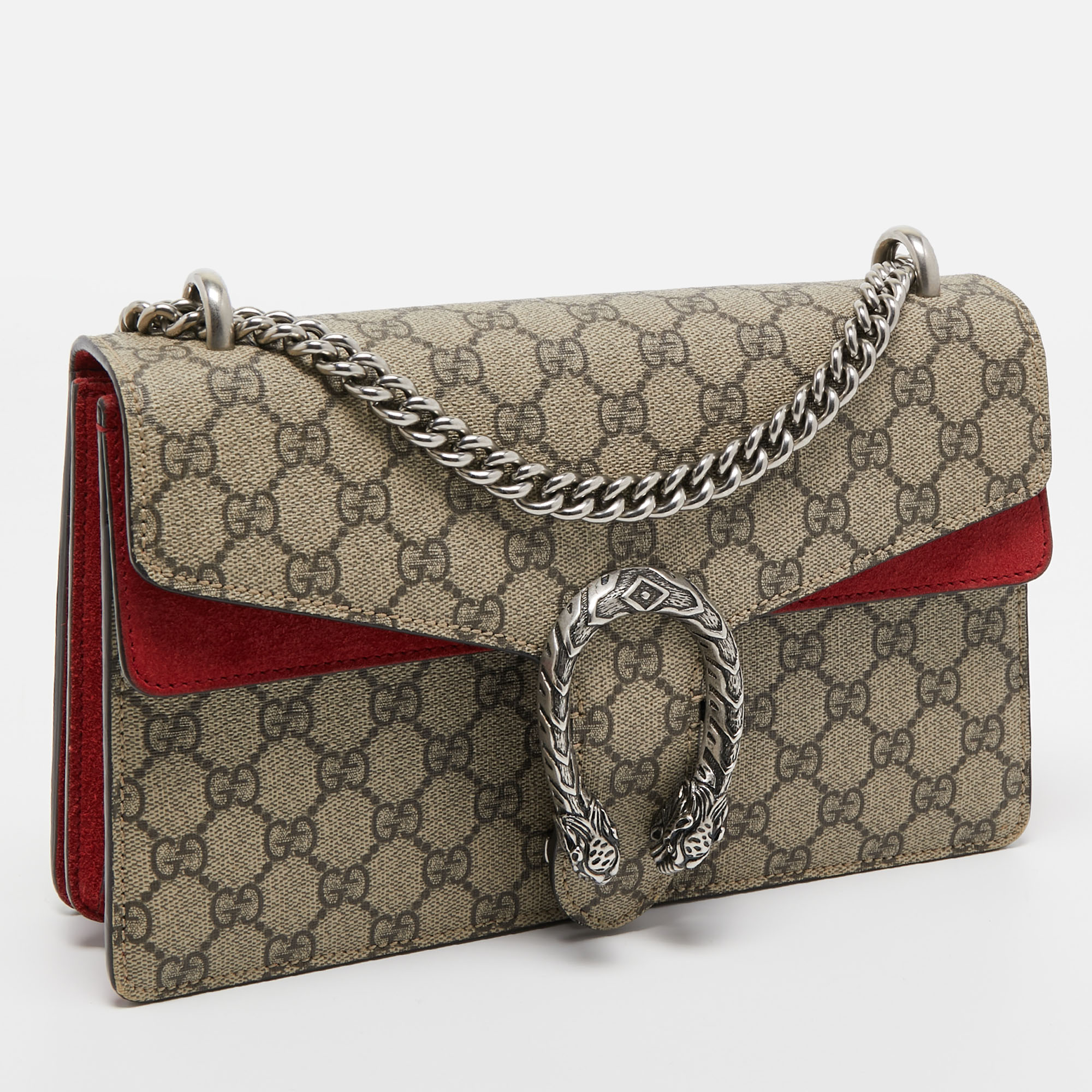 Gucci Red/Beige GG Supreme Canvas And Suede Small Dionysus Shoulder Bag