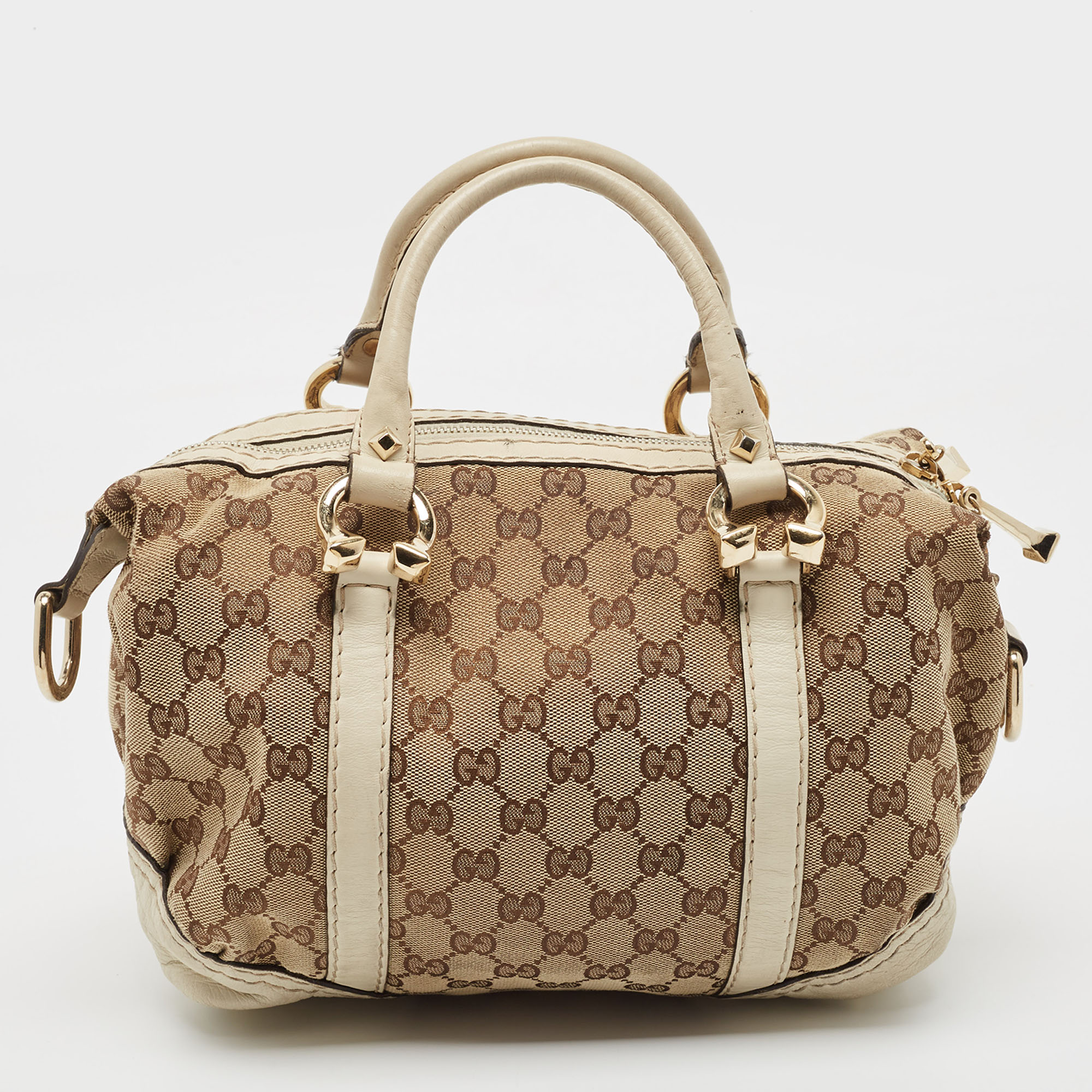 Gucci Beige/Off White GG Canvas And Leather Equestrian Horseshoe Satchel