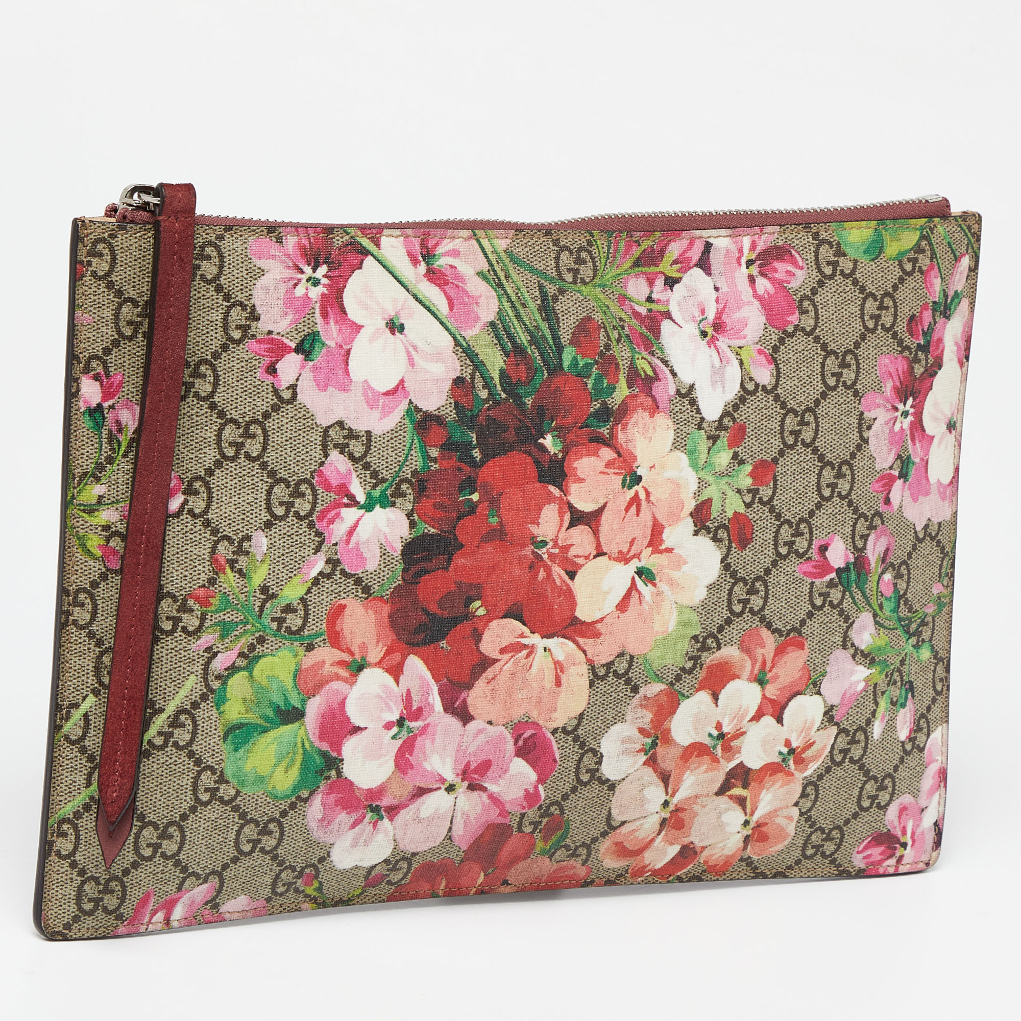 Gucci Old Rose GG Supreme Blooms Canvas And Suede Zip Pouch
