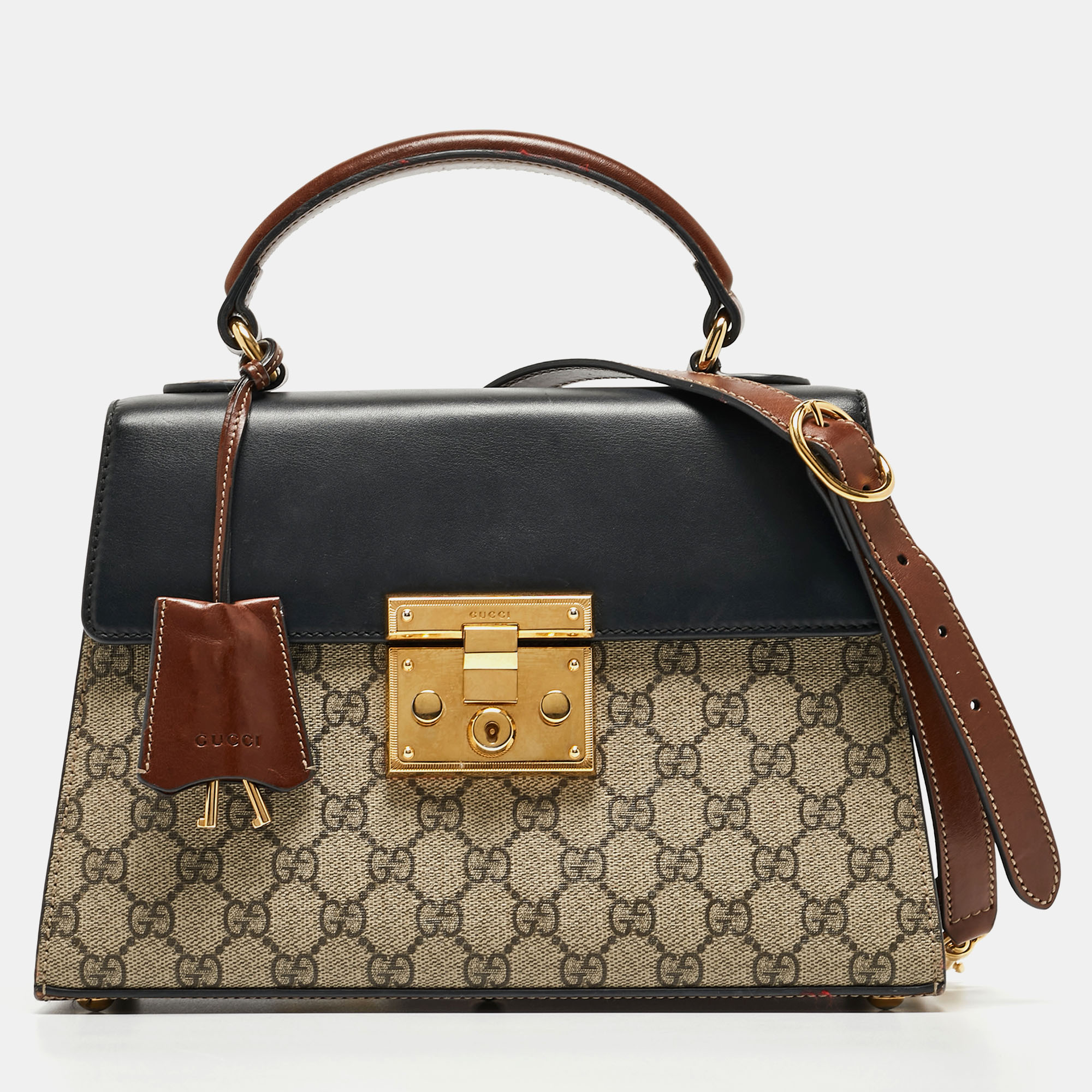 Gucci Tri Color GG Supreme Coated Canvas And Leather Padlock Top Handle Bag