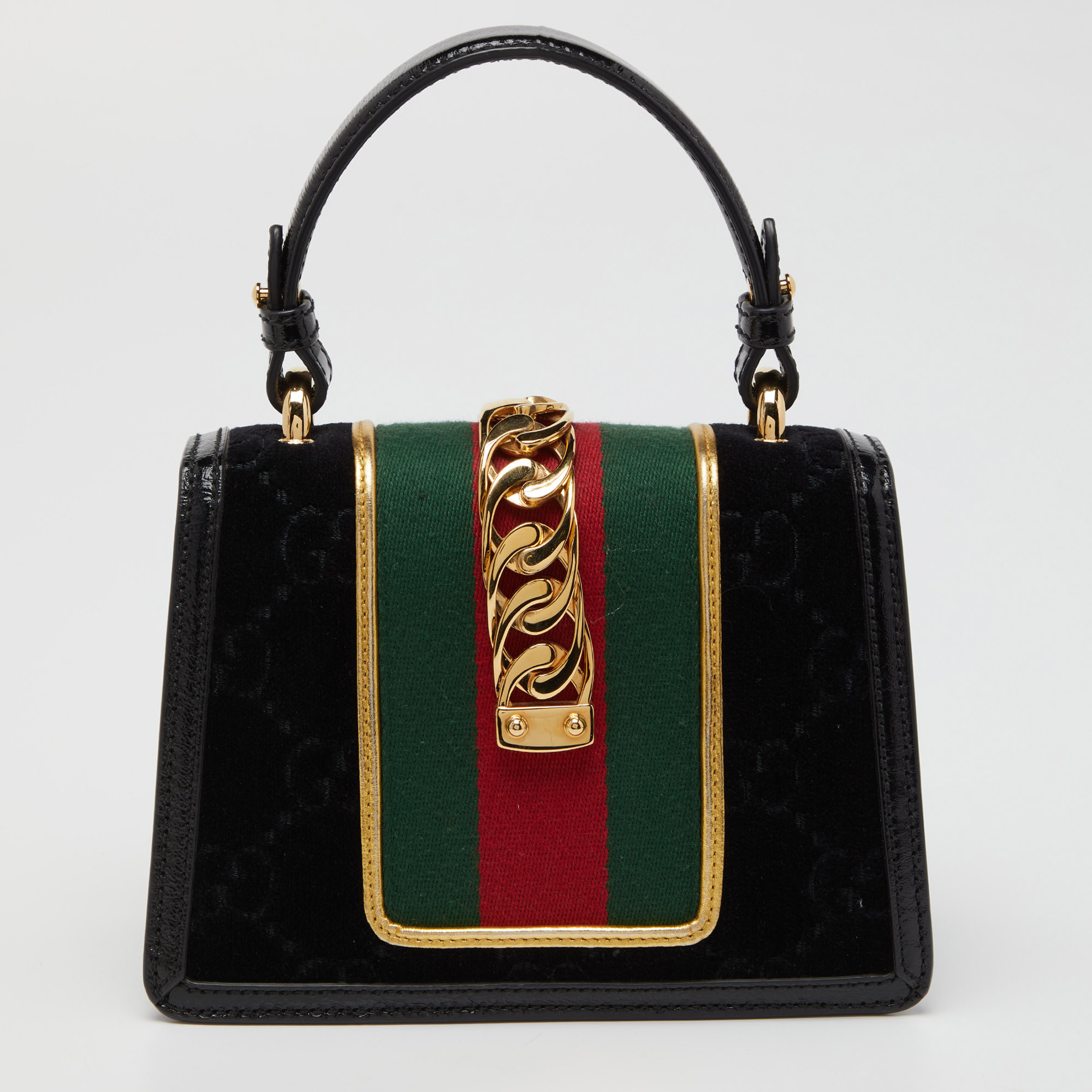 Gucci Black GG Velvet And Patent Leather Sylvie Top Handle Bag