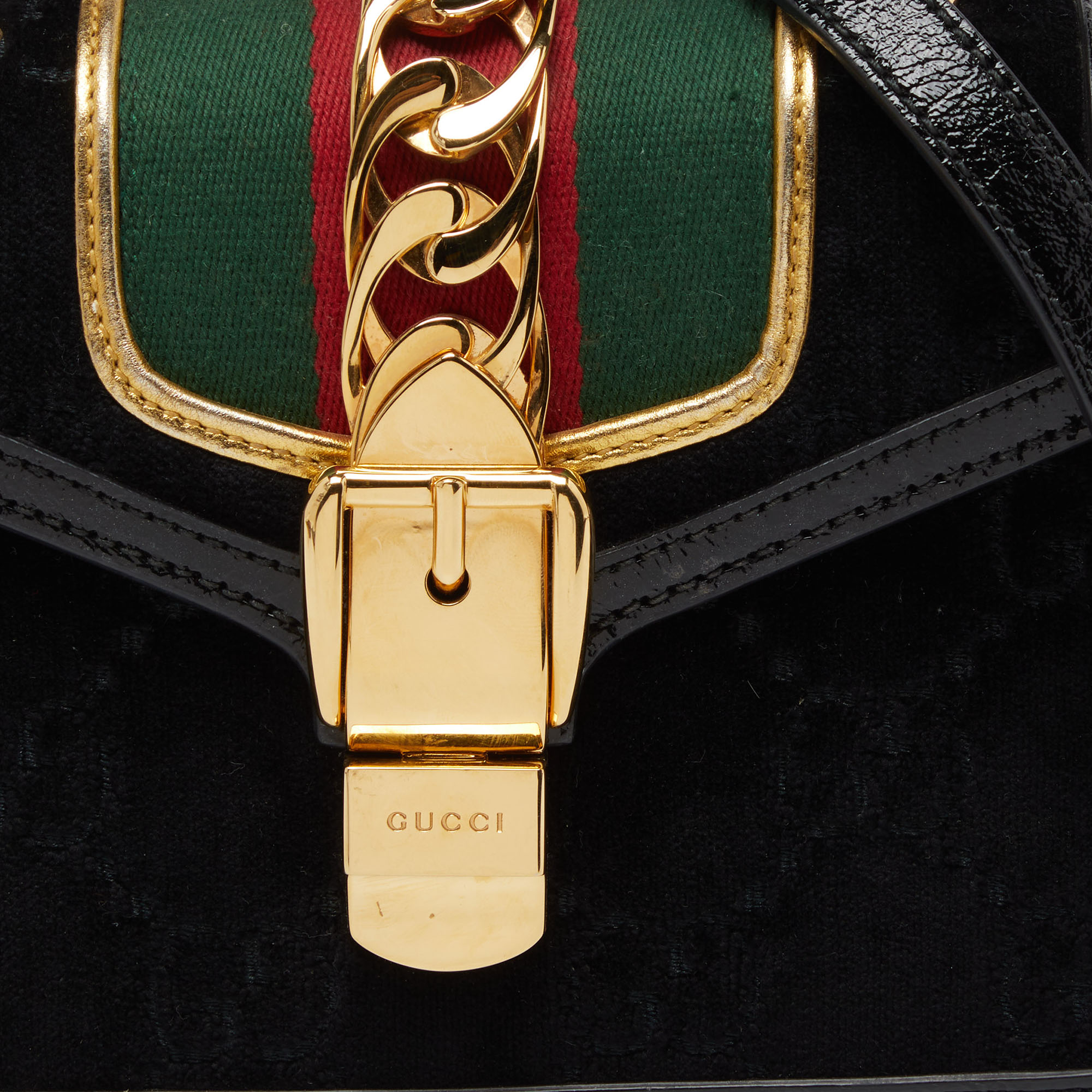 Gucci Black GG Velvet And Patent Leather Sylvie Top Handle Bag