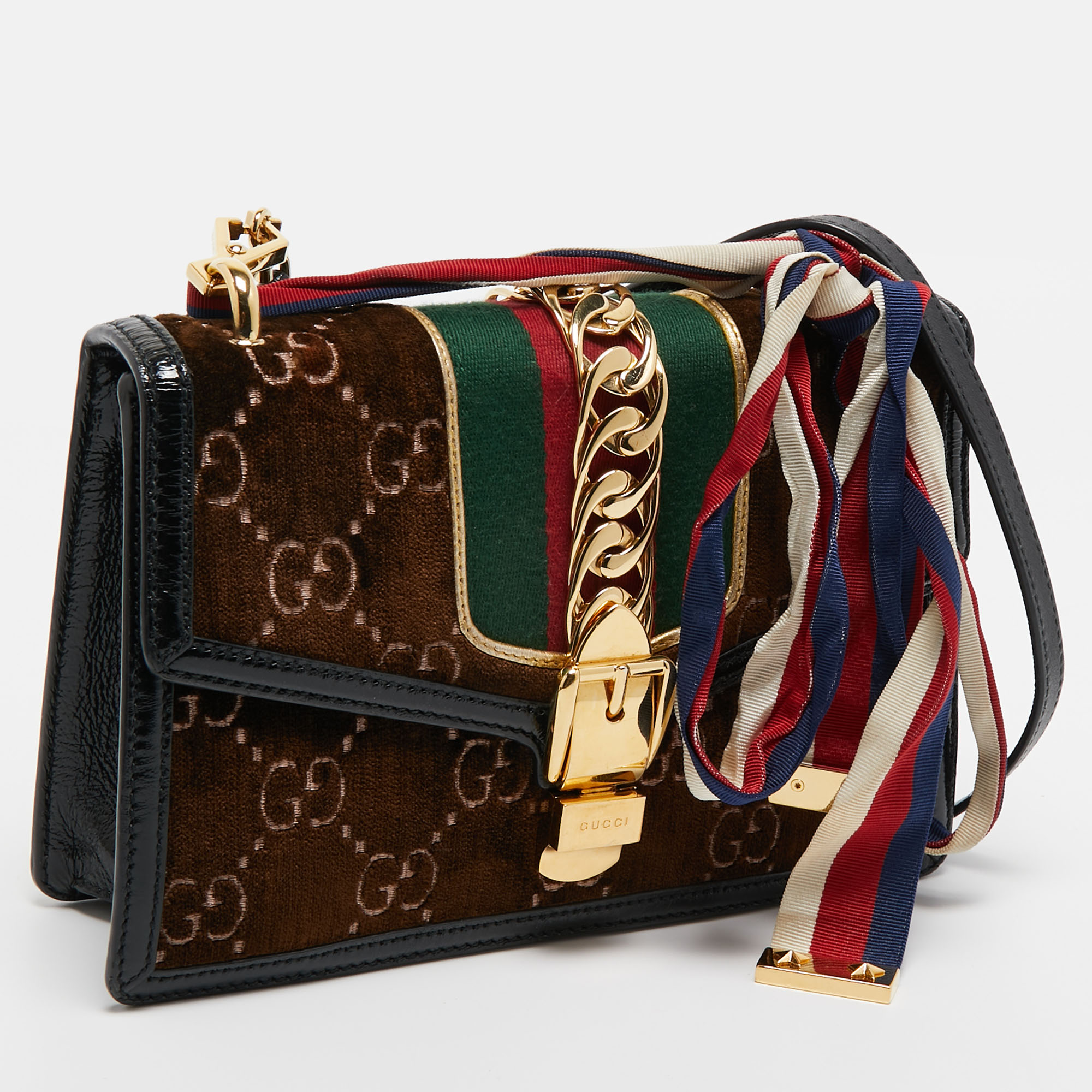 Gucci Brown/Black GG Velvet And Patent Leather Small Sylvie Shoulder Bag