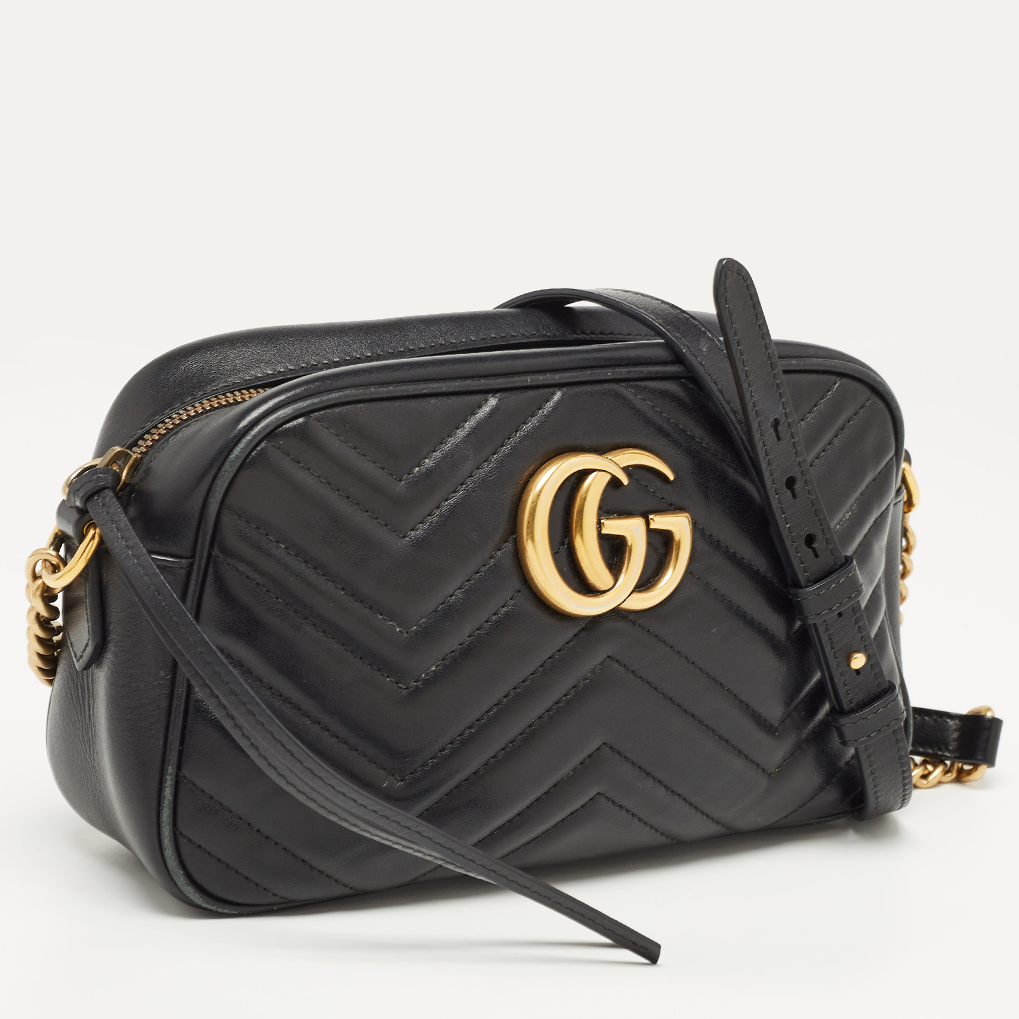Gucci Black Matelassé Leather Small GG Marmont Camera Crossbody Bag