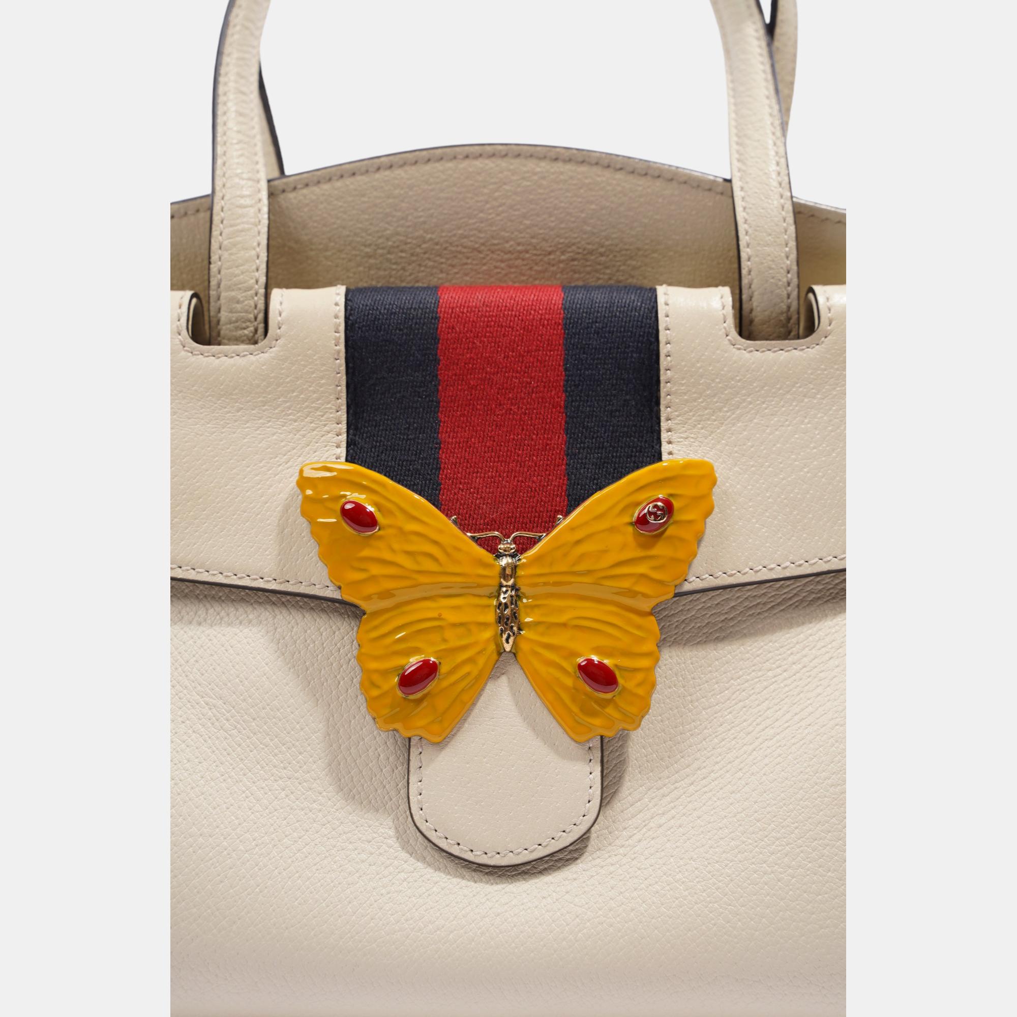 Gucci Totem Web Stripped Butterfly Bag White Leather Medium