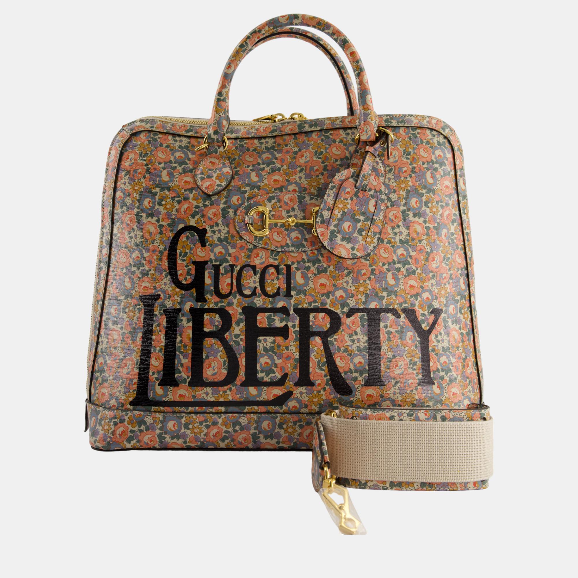 Gucci X Liberty Pink And Blue Floral Printed Large 1955 Horsebit Bag With Gold Hardware And Gucci Liberty Black Logo