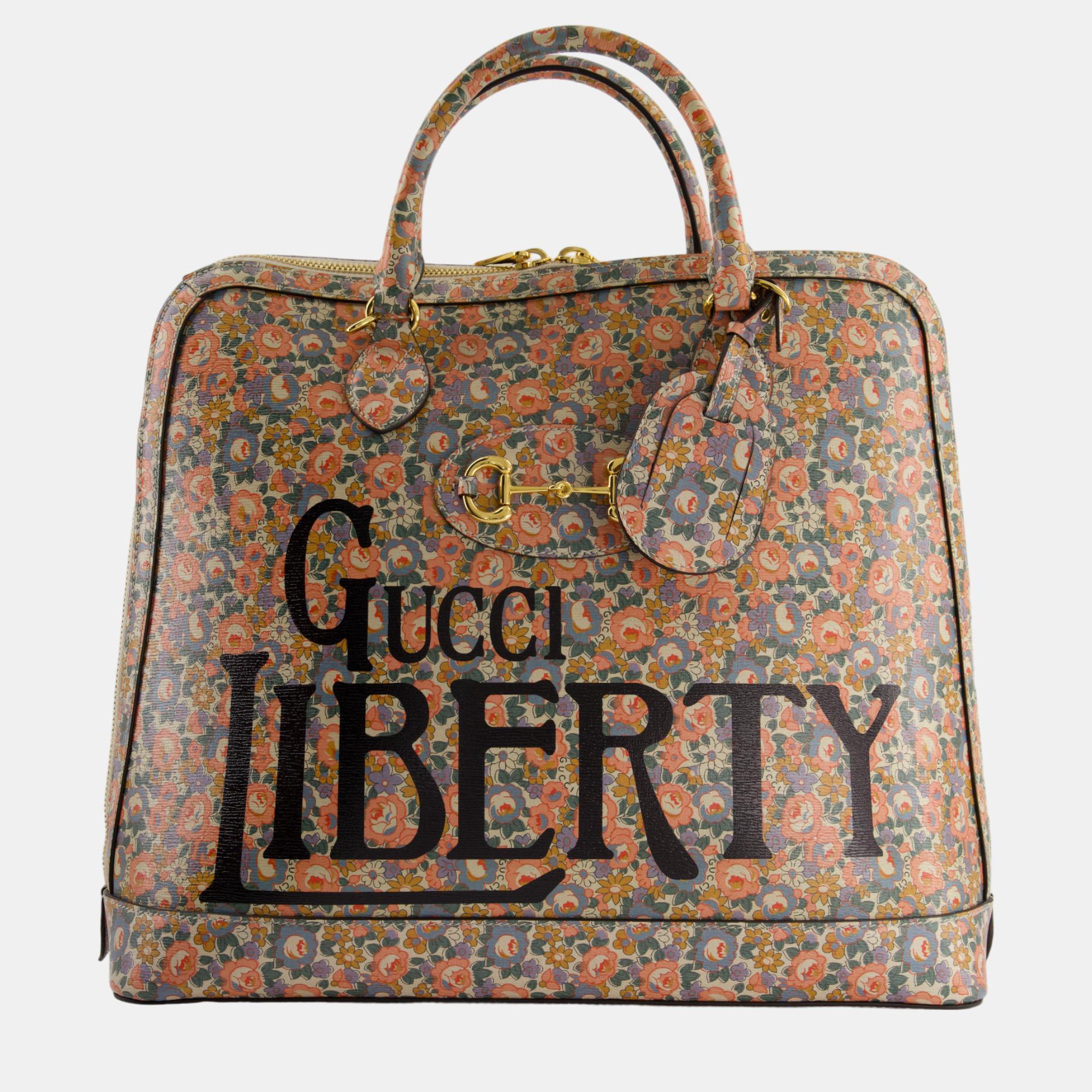 Gucci X Liberty Pink And Blue Floral Printed Large 1955 Horsebit Bag With Gold Hardware And Gucci Liberty Black Logo