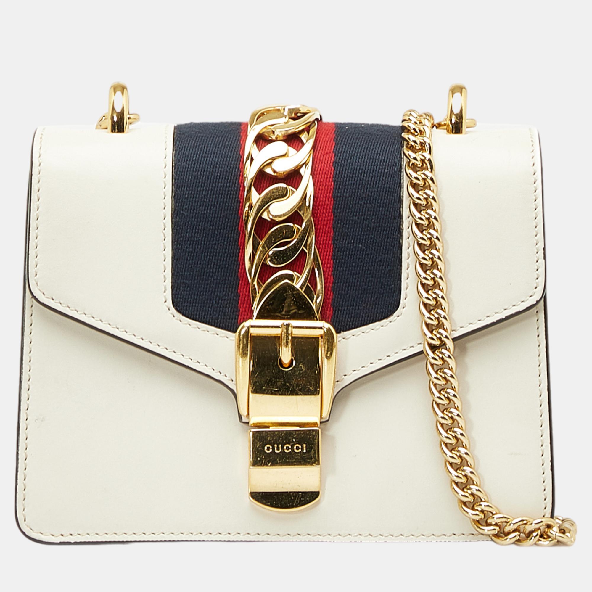 Gucci White Mini Sylvie Leather Chain Crossbody Bag