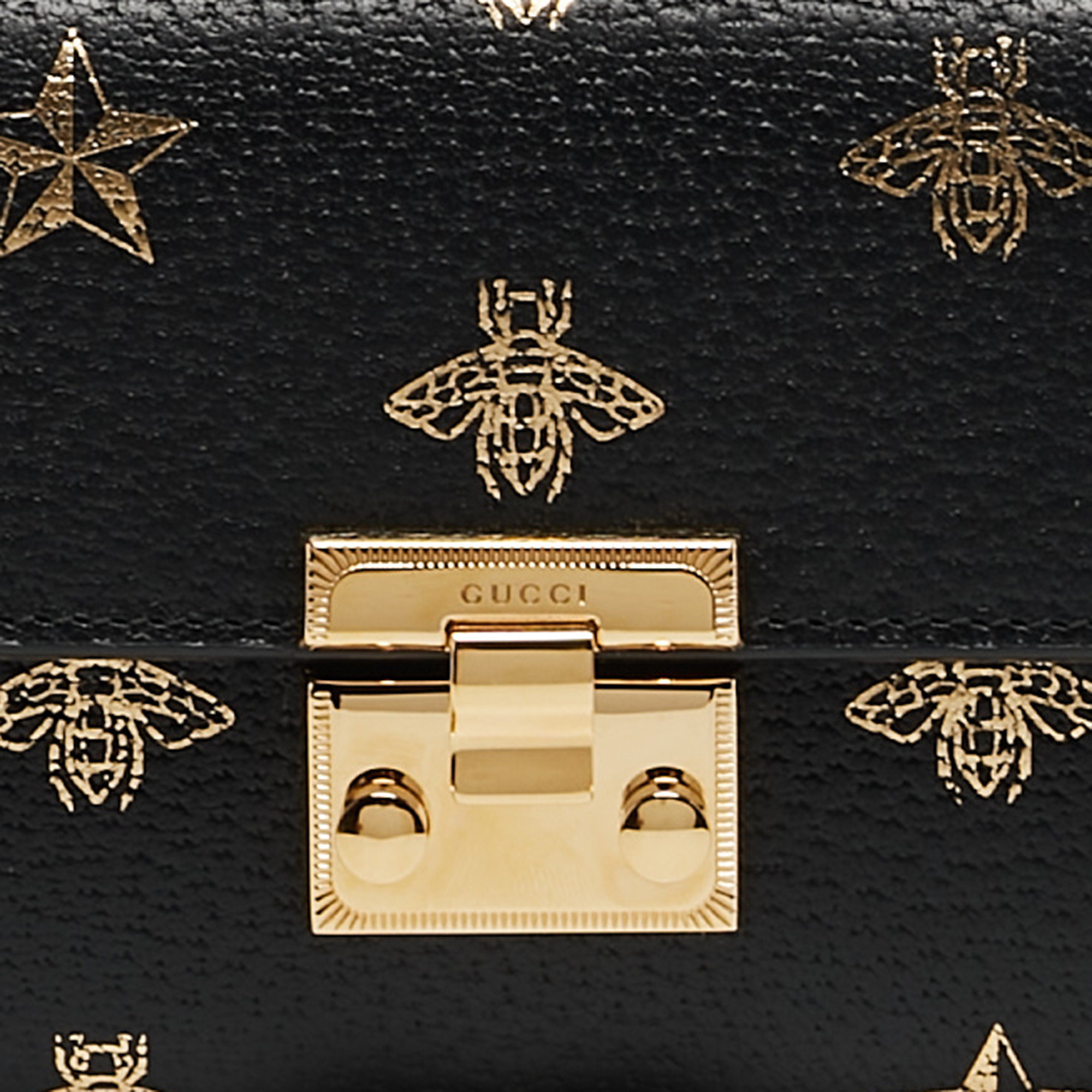 Gucci Black Leather Bees Padlock Continental Wallet On Chain